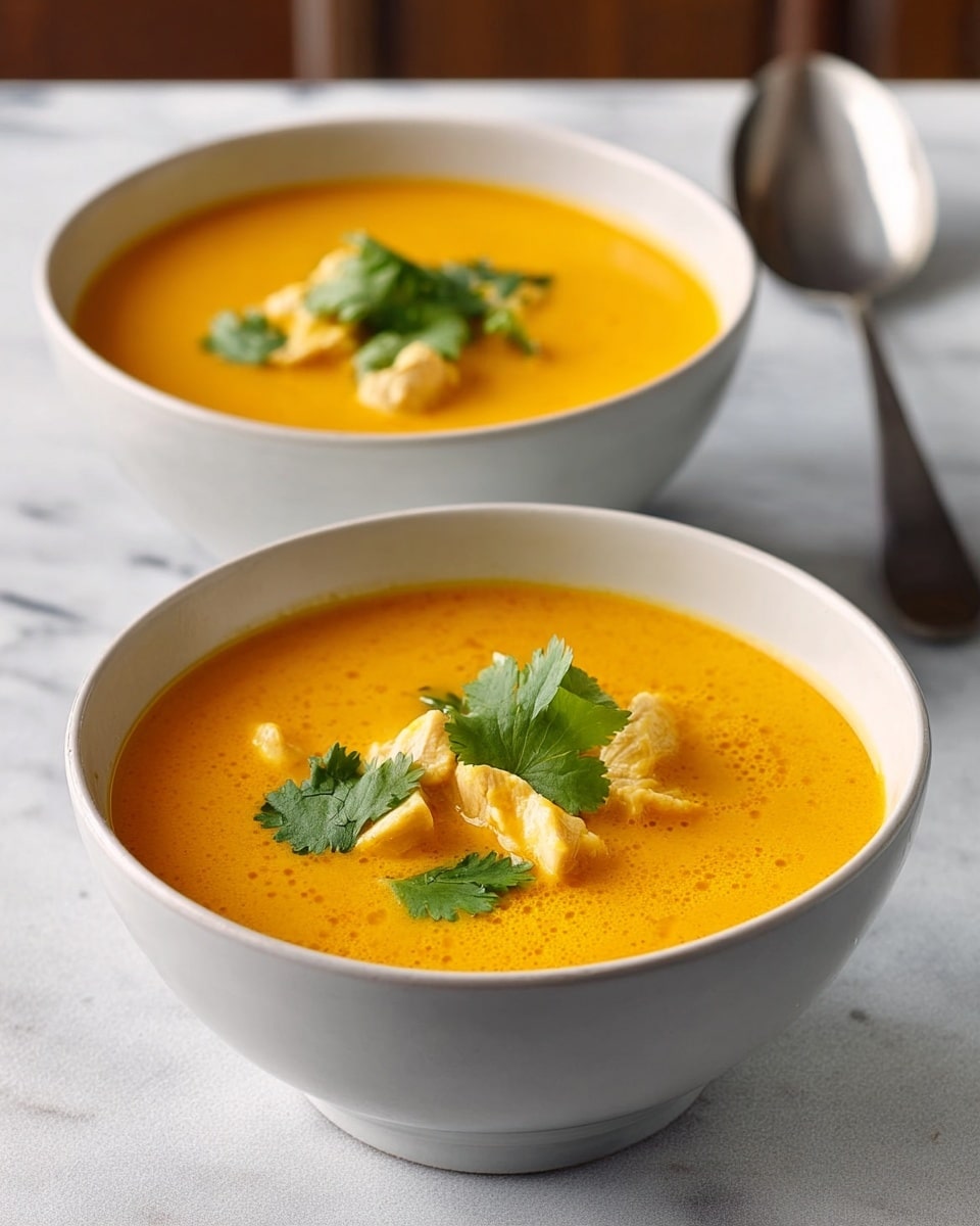 Two white bowls filled with bright orange creamy soup, each topped with small pieces of light yellow chicken and fresh green cilantro leaves. The bowls have a smooth texture and simple shape, sitting on a white marbled surface. In the background, there is a large silver spoon resting near the bowls. The soup looks warm and inviting with a smooth surface and fresh garnish. photo taken with an iphone --ar 4:5 --v 7