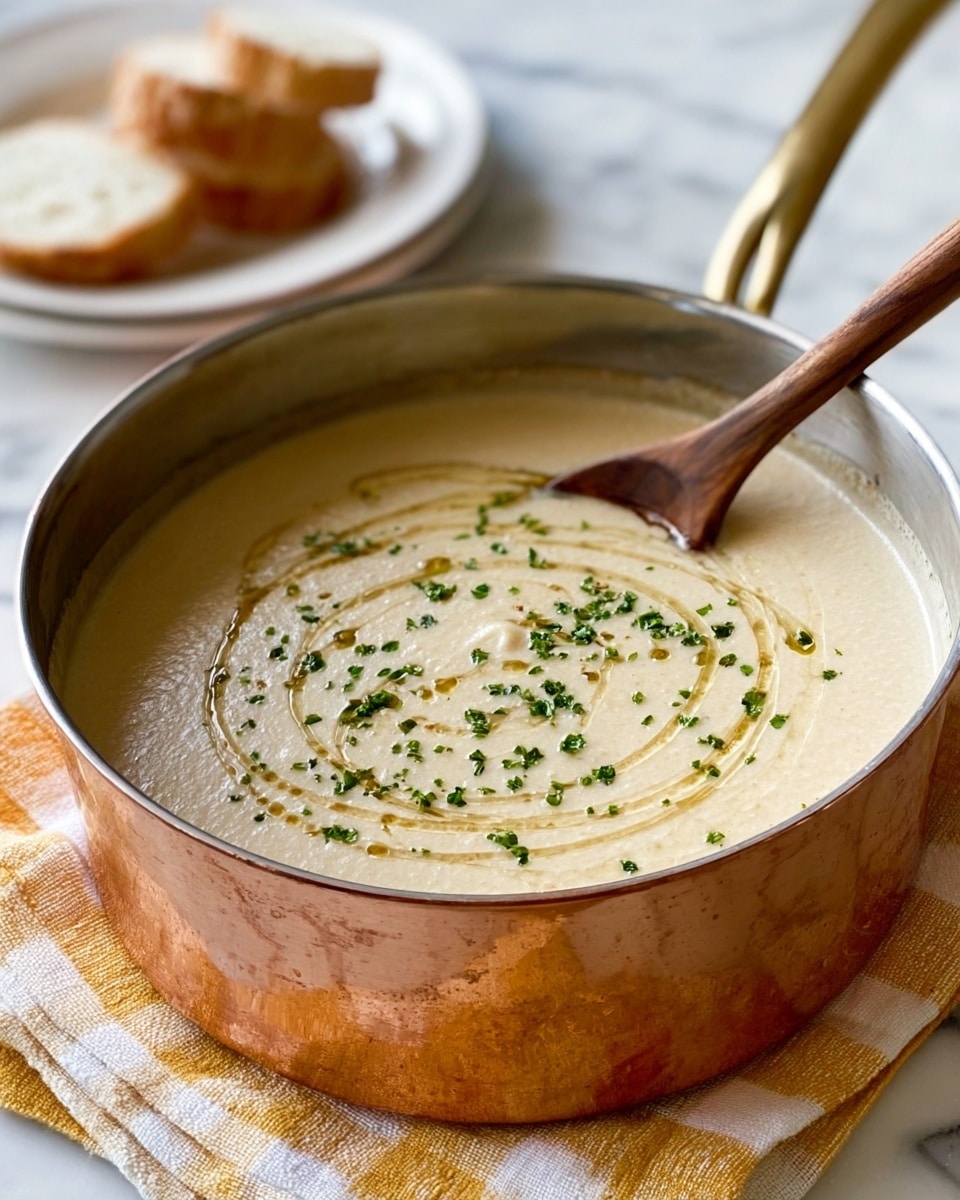 A shiny copper pot filled with creamy, smooth beige soup, topped with small green herbs sprinkled evenly and a swirl of clear olive oil on the surface; a wooden spoon rests on the edge of the pot. In the background, there is blurred white bread on a white plate with a checkered yellow and white cloth underneath, all placed on a white marbled surface. Photo taken with an iphone --ar 4:5 --v 7