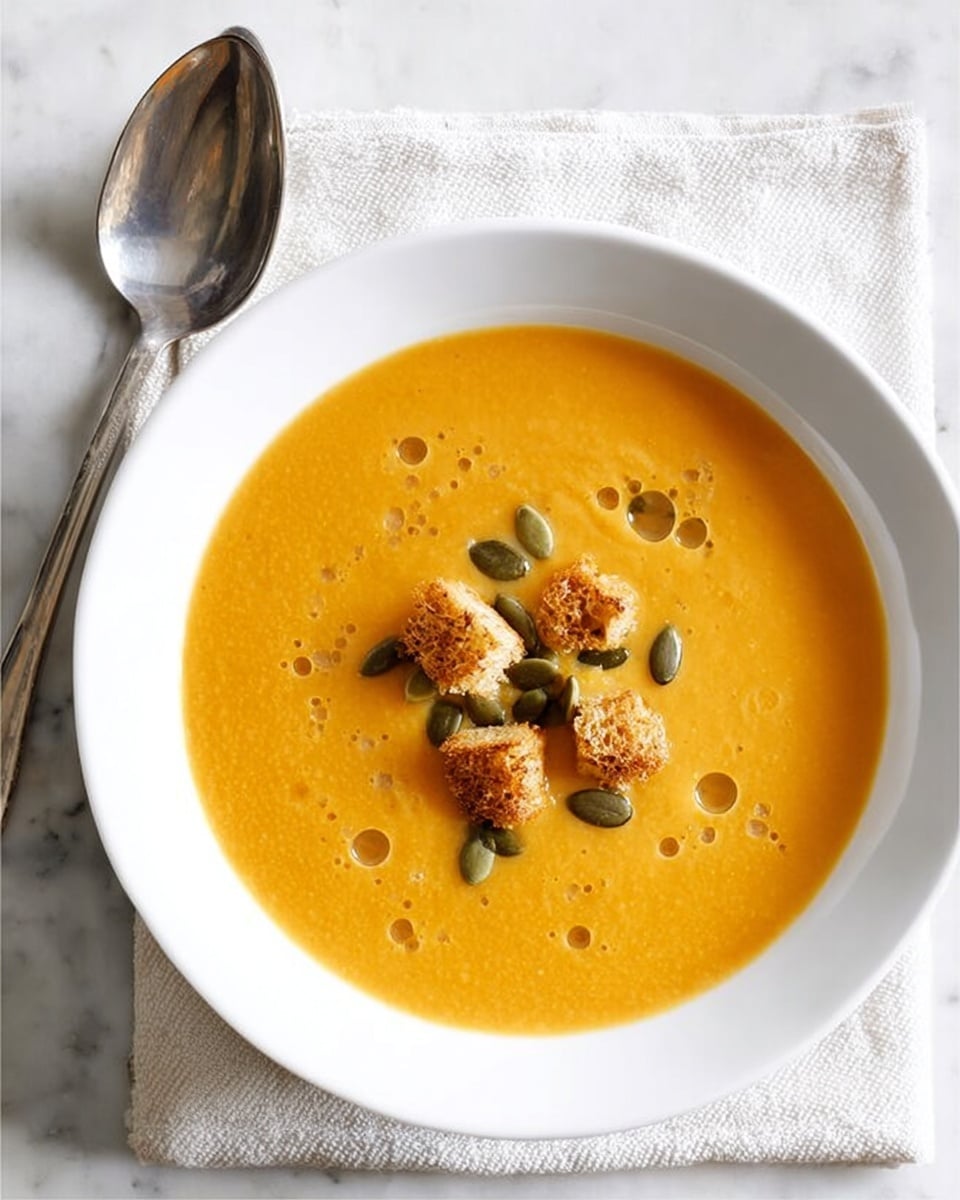A white shallow bowl holds a smooth, creamy orange soup, likely pumpkin or carrot, with a few small golden-brown croutons and scattered green pumpkin seeds on top. There are small drops of oil dotted lightly across the surface, adding a slight shine. The bowl is set on a white cloth napkin, and next to it is a shiny silver spoon. The background is a white marbled surface. photo taken with an iphone --ar 4:5 --v 7