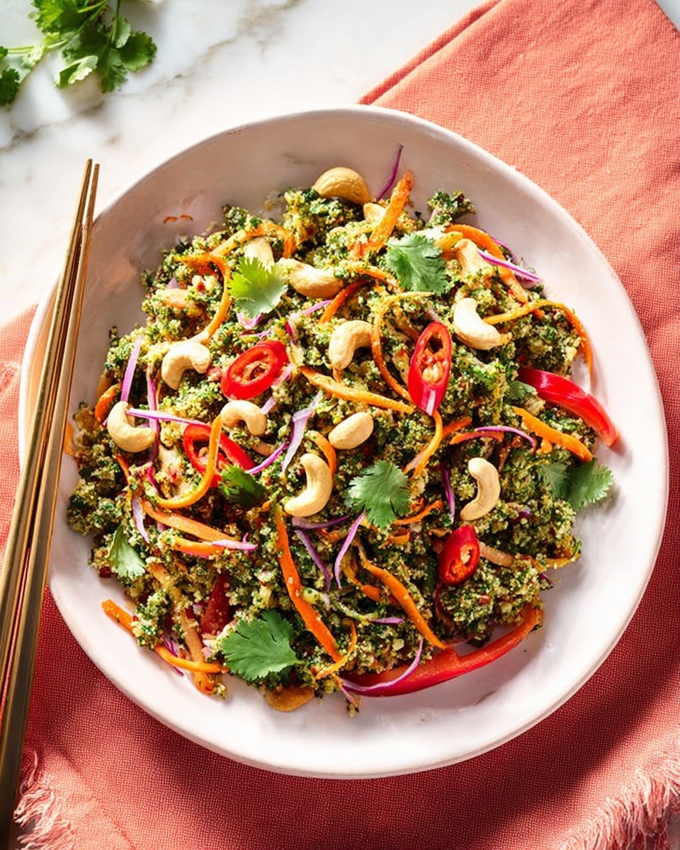 A white shallow bowl holds a colorful mixed dish on a white marbled surface, with a pair of chopsticks resting on the left side of the bowl. The dish has a base of finely chopped green vegetables mixed with small bits of red onion and thin, curly orange carrot strips. On top, there are bright red chili slices, whole cashew pieces, and fresh green cilantro leaves scattered throughout. Thin slices of red bell pepper add a glossy texture and orange hue near the middle and edges. The entire dish looks fresh and lightly textured, with a vibrant mix of colors and ingredients. A folded coral cloth sits to the right of the bowl. photo taken with an iphone --ar 4:5 --v 7
