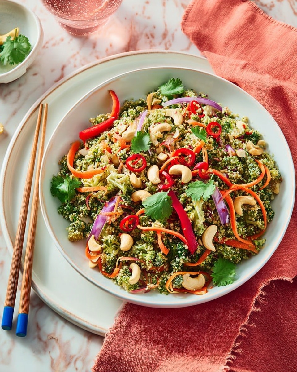 A white shallow bowl filled with a colorful salad sits on a white marbled surface. The salad has several layers: a base of finely chopped green broccoli with a grainy texture, mixed with thin orange carrot spirals, thin slices of red bell pepper, and thin strips of purple onion. Scattered on top are bright red chili slices, whole and chopped pale cashew nuts, and fresh green cilantro leaves for garnish. The bowl rests on a larger white plate, with a pair of wooden chopsticks with blue tips placed beside it. To the right, a coral-colored cloth napkin is casually folded. Photo taken with an iphone --ar 4:5 --v 7