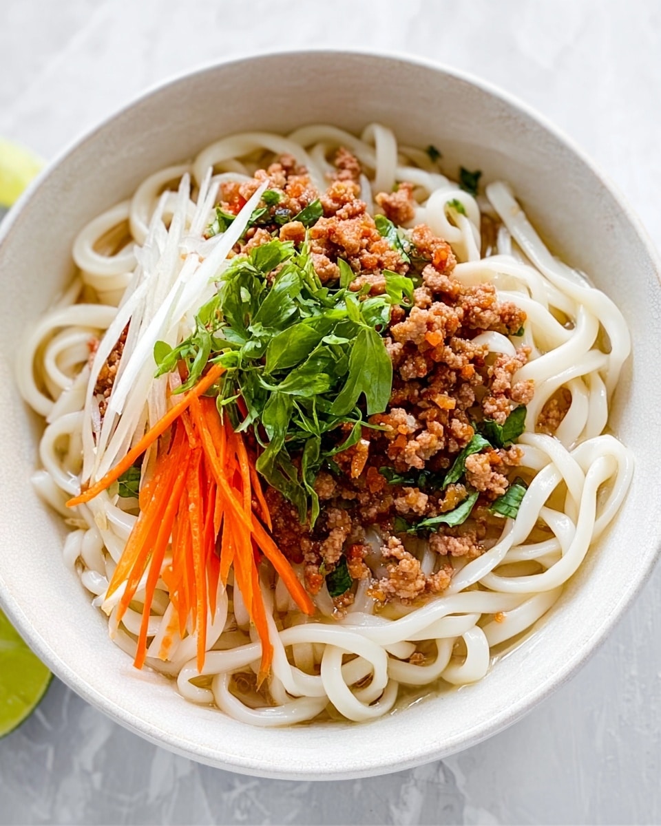 The dish shows a white bowl filled with thick, white noodles at the bottom layer, smooth and slightly twisted. On top of the noodles, there is a layer of finely chopped brown cooked meat, spread evenly. Above the meat, there are thin, colorful strips of vegetables including orange carrot, white strips, and green leafy herbs placed in a small pile at the center. The bowl is set on a clean white marbled surface with a small piece of lime visible at the edge. The photo taken with an iphone --ar 4:5 --v 7