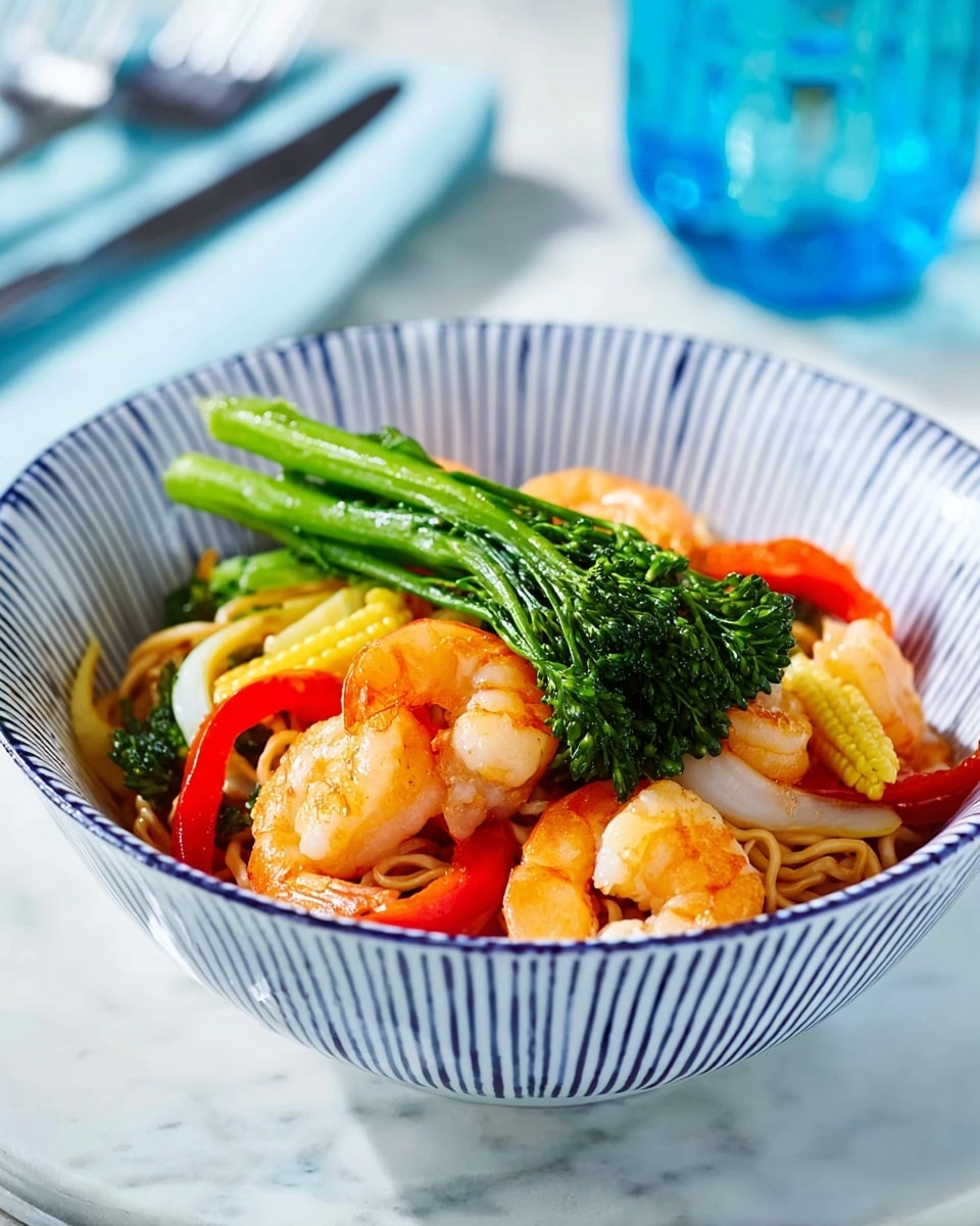 A white bowl with thin dark blue vertical stripes is filled with a colorful dish made of several layers, starting at the bottom with light brown noodles that look soft and slightly curly. On top of the noodles, there are bright red slices of bell pepper, pieces of yellow baby corn, and pale green cooked onion strips mixed with julienned orange carrot. Sitting above these vegetables are six small pink shrimp, each curled and glistening. One long bright green stalk of broccolini with a small bunch of flower buds is placed on top, stretching across the bowl. The bowl is set on a white marbled surface, with a blurred blue glass and utensils in the background, photo taken with an iphone --ar 4:5 --v 7