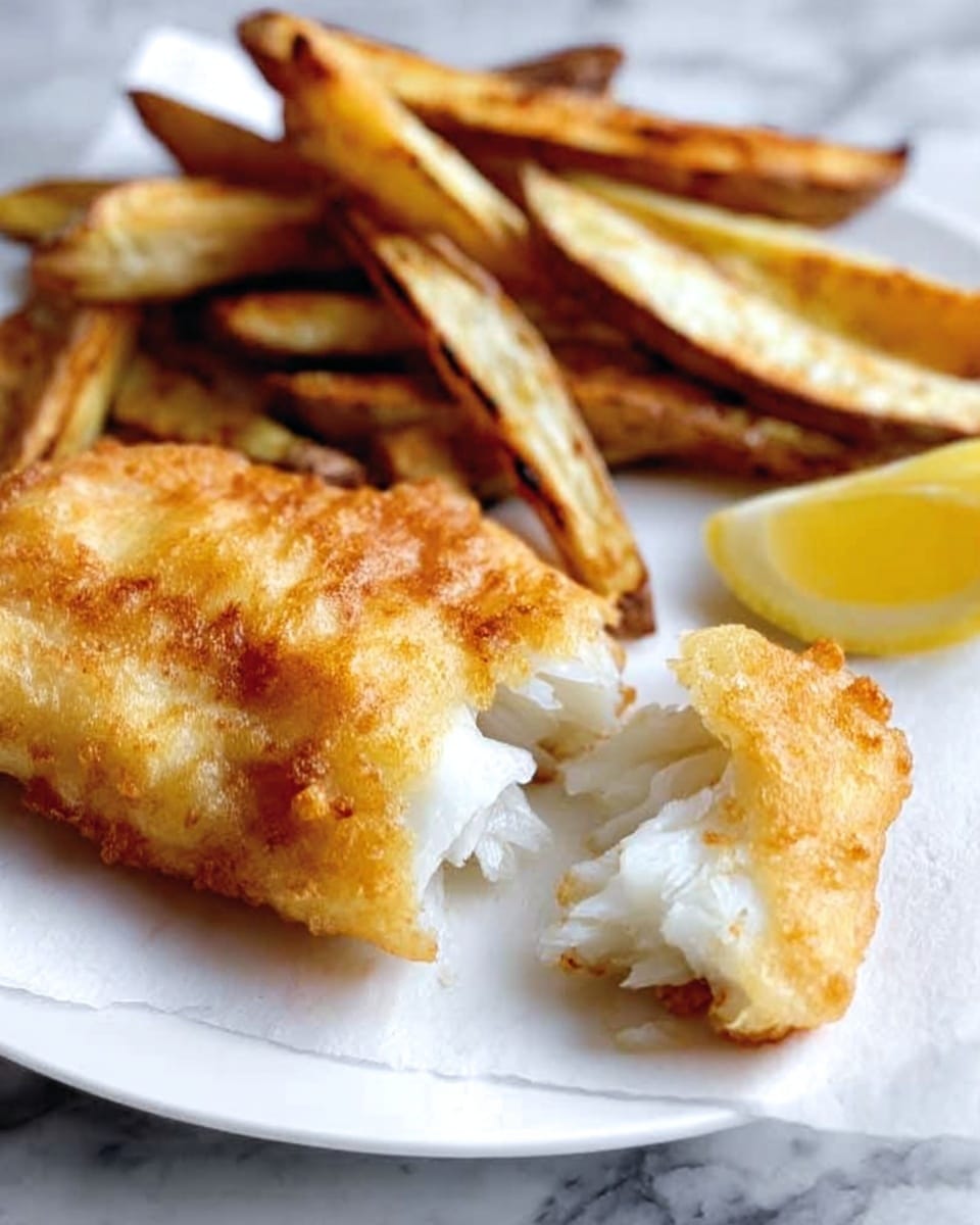 A white plate with a piece of golden brown battered fish in the front, the batter is crispy and light, and the fish inside is white and flaky, broken to show the inside texture. Behind the fish are several thick, golden brown potato fries with some darker crispy edges. A small lemon wedge with a bright yellow color is placed on the right side of the plate. The background is a white marbled texture. photo taken with an iphone --ar 4:5 --v 7