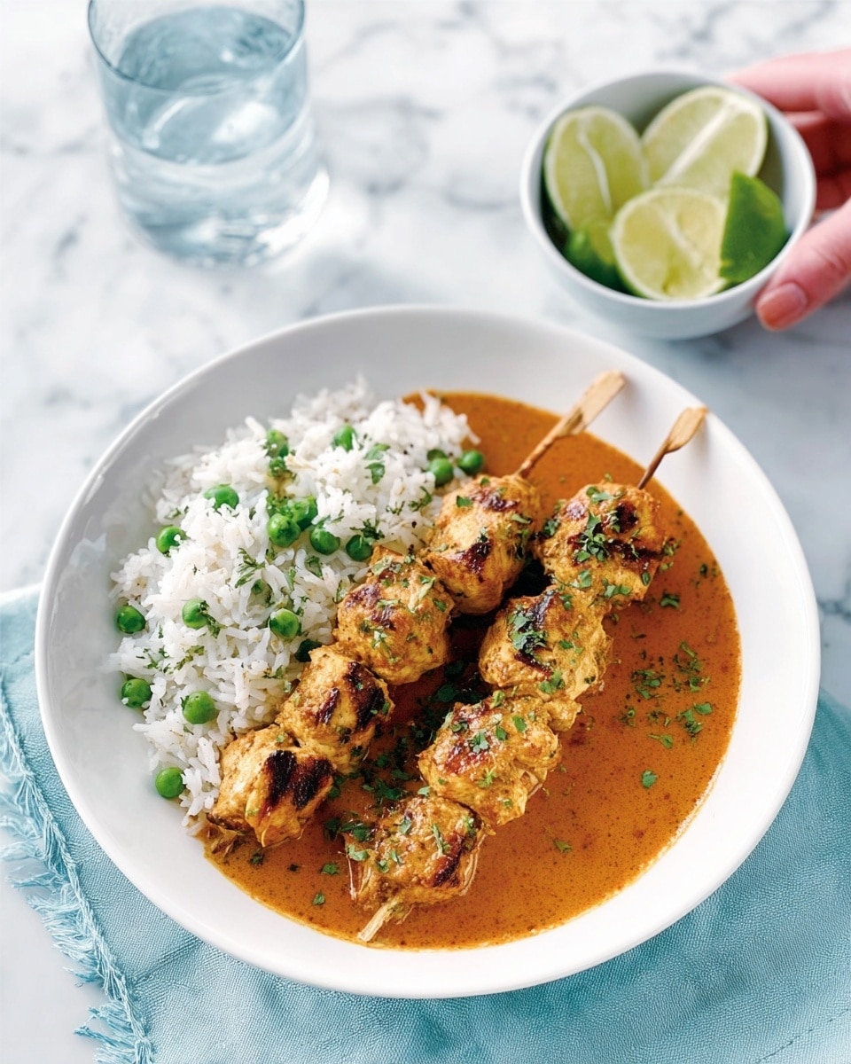 The image shows a white shallow bowl with two main layers; the bottom layer is a thick orange curry sauce, smooth in texture, covering half of the bowl’s base. Resting on the curry are grilled chicken pieces on skewers, golden brown with some char marks and sprinkled with chopped green herbs, arranged slightly to the right. On the left side of the bowl, there is a mound of white rice mixed with green peas, providing a soft contrast to the curry and chicken. In the background, a woman's hand holds a small white bowl filled with lime wedges above the main bowl. The setting includes a white marbled surface and a clear glass of water, with a light blue cloth underneath the bowl. photo taken with an iphone --ar 4:5 --v 7