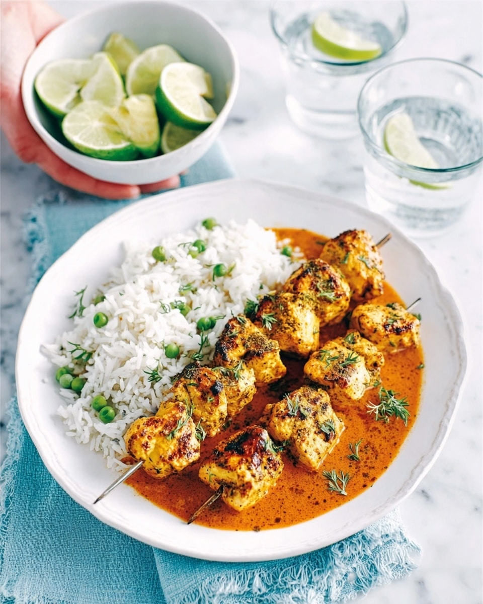 A white plate on a white marbled surface holds a serving of reddish-orange sauce as the base layer, topped with golden brown grilled chicken pieces on a skewer, garnished with small green herbs. To the side of the chicken is a neat mound of white rice mixed with green peas. In the background, a woman's hand is holding a white bowl filled with lime wedges above the plate, with two clear glasses of water nearby. The setting also includes a light blue cloth napkin under the plate. photo taken with an iphone --ar 4:5 --v 7