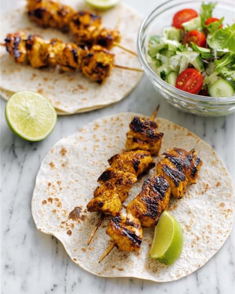 Chicken Masala Skewers with Fresh Coriander and Veggie Salad Recipe