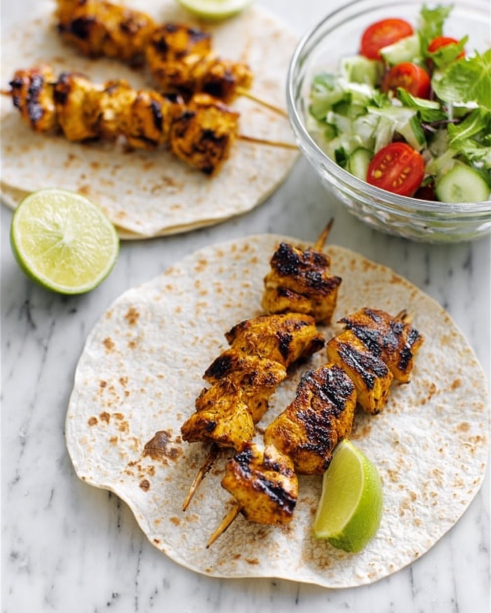 The image shows two white round tortillas on a white marbled surface. On the near tortilla, there are two grilled chicken skewers with charred grill marks and a golden brown color, arranged diagonally. Next to the skewers, there is a lime wedge with a bright green inside. Behind, another tortilla has two similar grilled chicken skewers, also with dark grill marks. In the background, a small clear glass bowl holds a fresh salad made of green leaves, sliced cucumber, and red cherry tomatoes. The scene has bright natural light and a clean, simple look. Photo taken with an iphone --ar 4:5 --v 7