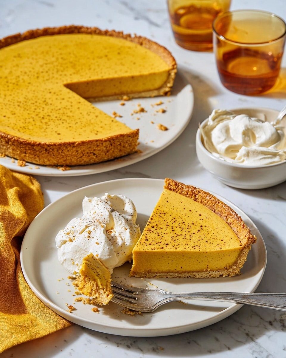 A golden yellow pumpkin pie with a speckled, slightly browned top layer sits on a white plate, showing a thick smooth filling and a light brown crust around the edge; one slice is cut and lying flat to reveal the creamy inside texture. Another slice is on a white plate in the background topped with a dollop of soft white whipped cream, with a fork holding a small piece near the slice. There is a small white bowl filled with more whipped cream and a spoon next to it. The surface is a white marbled texture, with an amber glass and a folded yellow cloth napkin partially visible. photo taken with an iphone --ar 4:5 --v 7