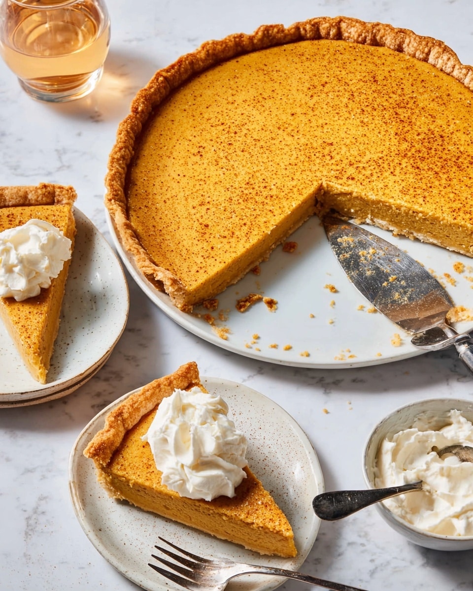 A whole pumpkin pie with a golden brown crust sits on a white plate with one slice cut out and placed on a pie server, showing a smooth, creamy light orange filling with a slightly speckled top. On a nearby white plate, a single slice of the pie is served, topped with a dollop of white whipped cream, with a woman's hand holding a fork and cutting into the slice. In the background, a small white bowl filled with whipped cream has a silver spoon resting inside, all set on a white marbled surface. Photo taken with an iphone --ar 4:5 --v 7