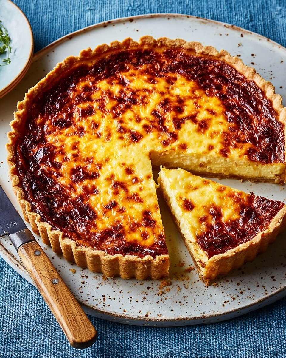 A quiche with a golden brown, slightly burnt top layer showing a bubbly, cheesy texture, set inside a light golden brown, crumbly crust with fluted edges. One slice is cut out and slightly pulled away, revealing a creamy, pale yellow filling inside. The whole quiche is placed on a round white plate with subtle speckles and a rustic look, set on a blue textured cloth. A knife with a wooden handle lies next to the quiche on the plate. Photo taken with an iphone --ar 4:5 --v 7