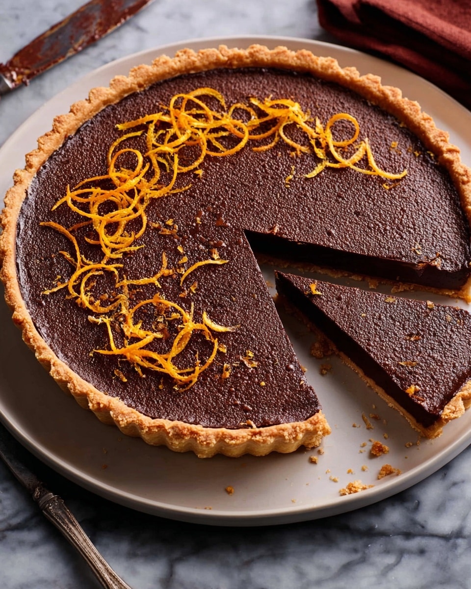 A chocolate tart sits on a round white plate, featuring a single thick layer of rich, dark brown chocolate filling with a slightly rough texture and a golden tan crust around the edges that is flaky and crisp. The top of the tart is decorated with thin, curly strands of bright orange zest scattered unevenly across the surface. One slice is cut and slightly pulled out, revealing the same dark chocolate layer inside with the crust holding it together. The tart is placed on a white marbled surface with a knife resting nearby, a few crumbs scattered around. Photo taken with an iphone --ar 4:5 --v 7