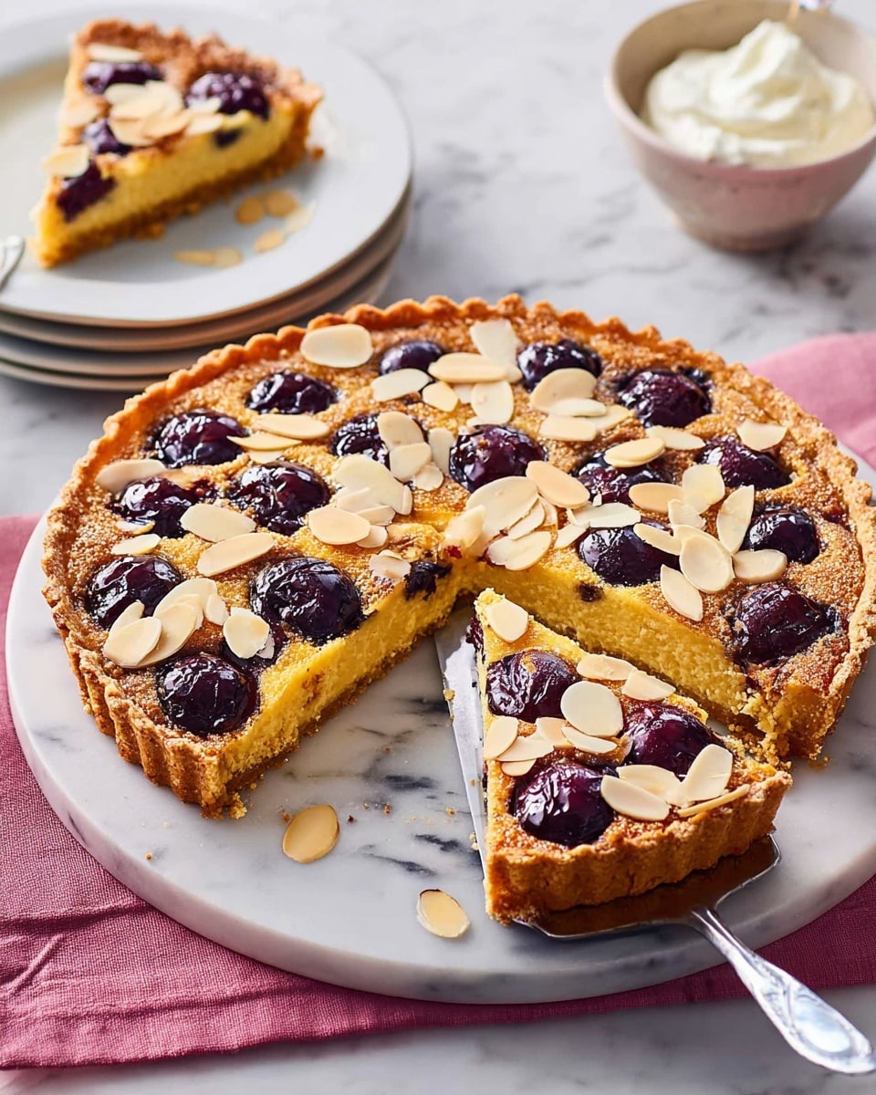 A round tart is shown on a white marble plate, cut into five slices. The tart has a golden-brown crust as the bottom layer. The middle layer is a yellow almond filling with a slightly rough texture, embedded with dark purple cherries scattered evenly on top. The top layer is sprinkled with light beige almond slices spread across the surface. One slice is lifted slightly by a silver spatula, showing the layers clearly. In the background, there is a stack of white plates with one slice on top and a bowl of white cream with a spoon. The scene is set on a white marbled surface with a folded pink cloth partially visible. photo taken with an iphone --ar 4:5 --v 7