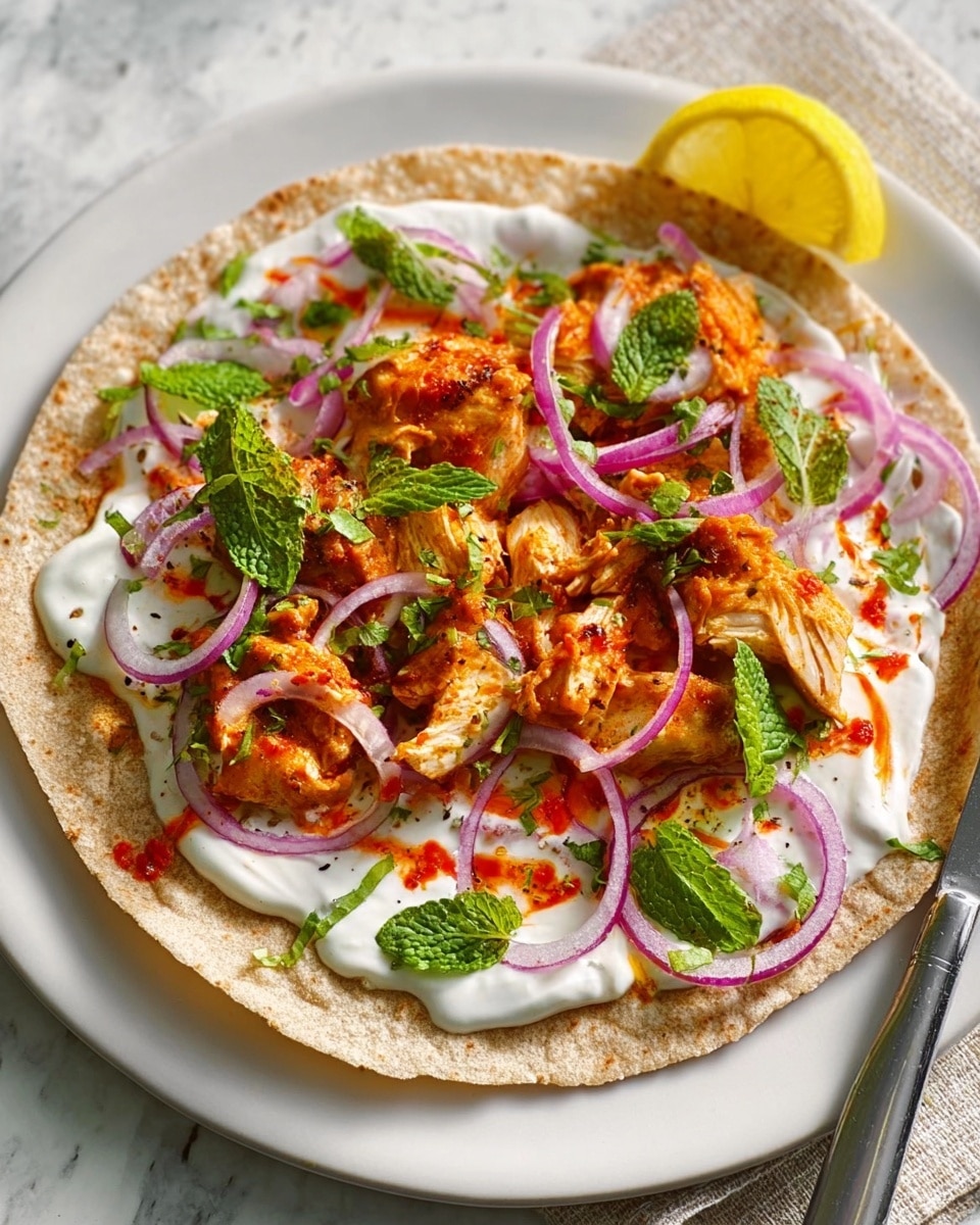 A single whole wheat flatbread on a white plate sits on a white marbled surface, topped with several layers: a base layer of white creamy sauce spread unevenly, followed by pieces of orange-colored cooked chicken scattered over it. Thin slices of red onion and small red chili pieces are spread on top, along with a few mint leaves in green, adding a fresh touch. A lemon wedge rests on the plate's edge, with a knife placed nearby. The texture of the bread is soft with visible grains, and the dish looks vibrant and fresh. Photo taken with an iphone --ar 4:5 --v 7