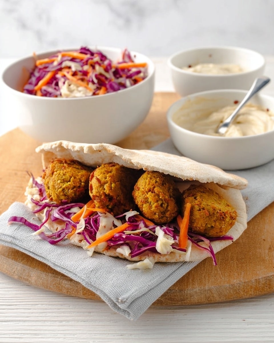 The image shows a white pita bread sandwich, open and filled with several golden-brown falafel balls that have a textured, slightly crispy surface. Inside the pita, beneath the falafel, there are layers of finely shredded red and white cabbage mixed with thin orange carrot strips, adding a fresh and colorful contrast. Behind the sandwich, there is a white bowl filled with the same shredded vegetable mix, and next to it is a white bowl containing a creamy light beige sauce with a spoon inside. The arrangement is on a white wooden surface, and the background is a white marbled texture. Photo taken with an iphone --ar 4:5 --v 7