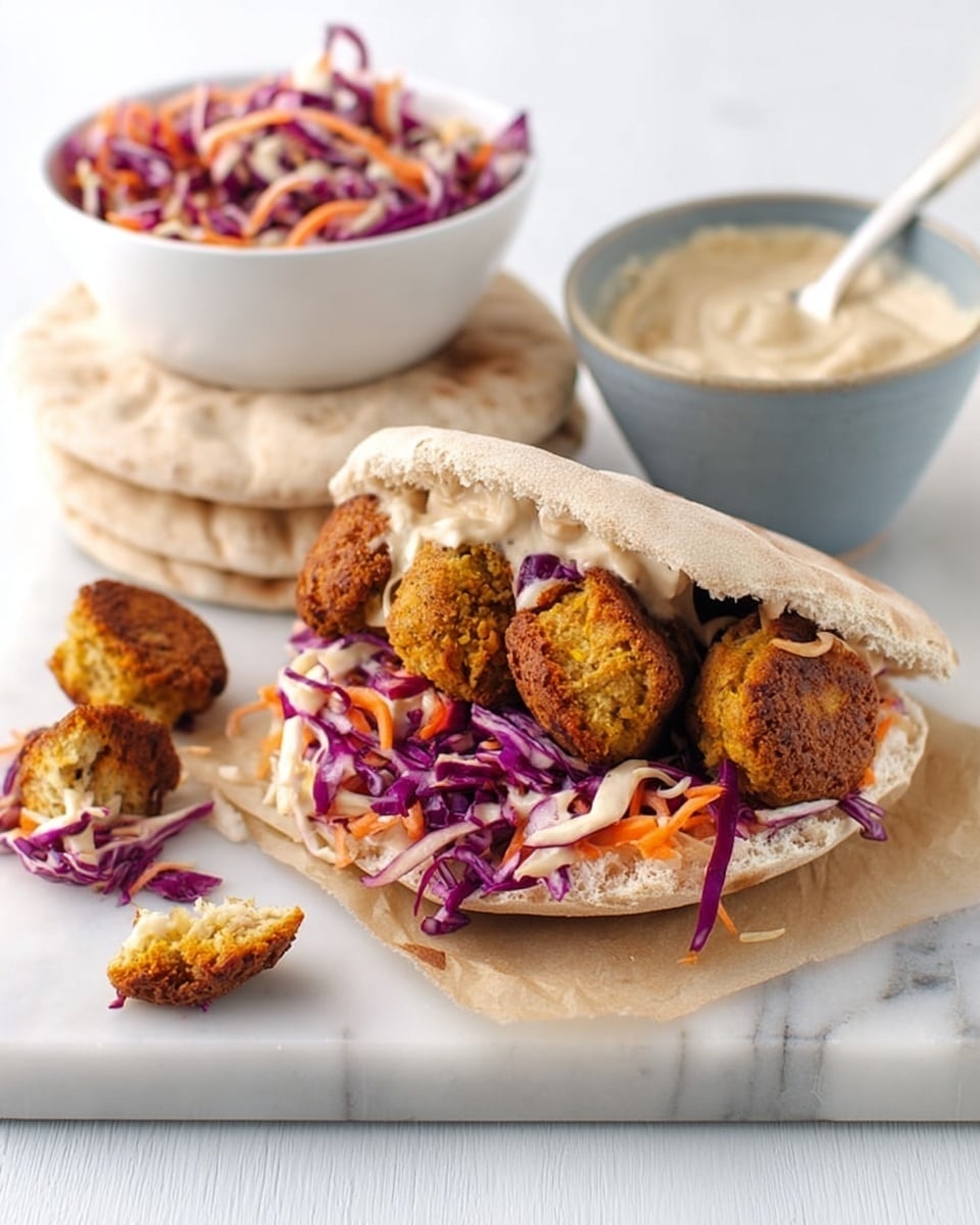 The image shows a sandwich made with a split pita bread, revealing four golden-brown falafel balls inside. Underneath and mixed around the falafel is a colorful layer of thinly shredded purple cabbage and carrot slaw, giving a mix of deep purple, orange, and white colors. Behind the sandwich, there is a white bowl filled with more of the same slaw, and next to it is a white bowl holding a creamy beige sauce with a spoon inside. The setting is on a white marbled surface, with a couple of pita breads stacked in the back and some extra falafel pieces placed casually around. Photo taken with an iphone --ar 4:5 --v 7