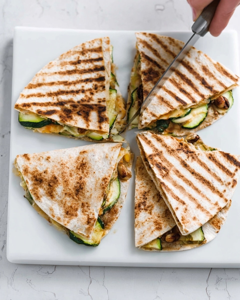 The image shows four pieces of grilled quesadillas on a white square plate, placed on a white marbled surface. Each quesadilla is cut into triangular shapes, with a slightly charred, golden-brown tortilla on the outside, displaying clear grill marks. Inside, the layers include green zucchini slices, melted cheese, and some small brown beans or nuts, creating a mix of green, creamy white, and light brown textures. A woman's hand holding a knife is visible at the top right corner, about to cut or serve the quesadillas. Photo taken with an iphone --ar 4:5 --v 7