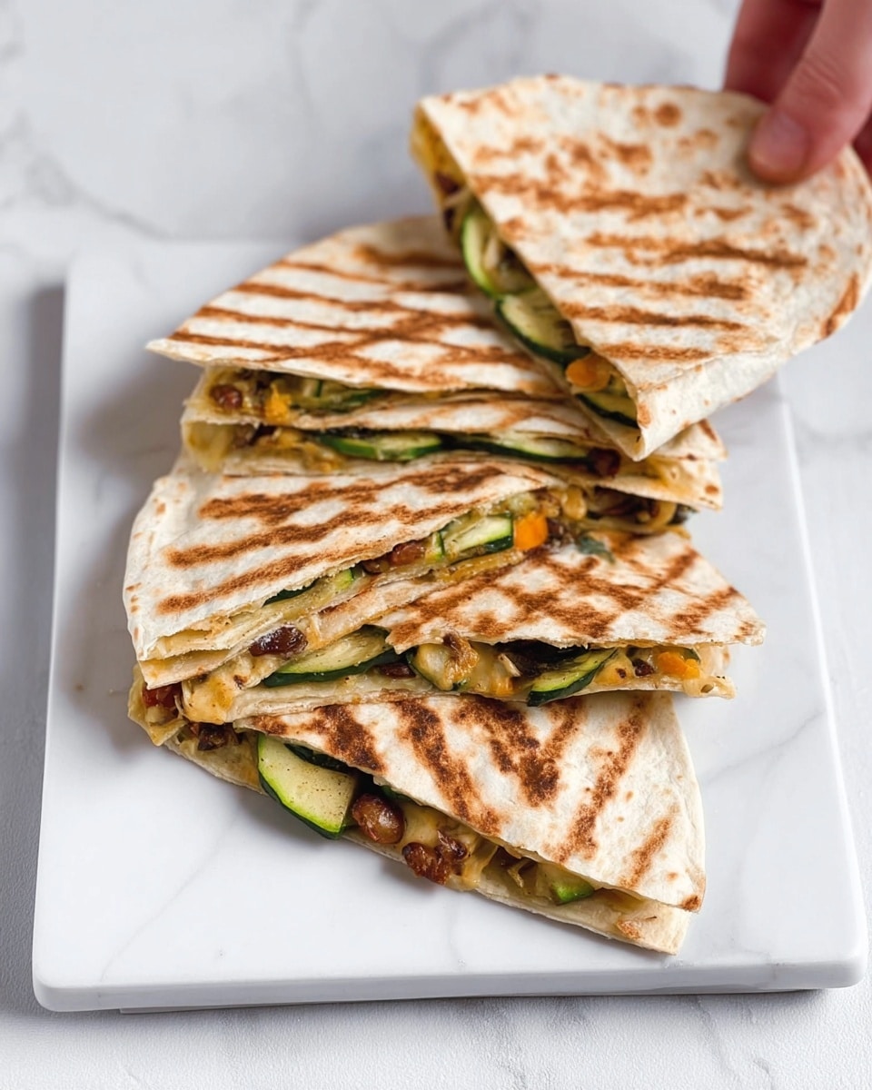 The image shows four grilled quesadilla triangles stacked on a white square plate with a white marbled background. Each quesadilla has one visible layer of soft, grilled tortilla with brown grill marks. Inside, there are layers of green zucchini slices and melted cheese mixed with some small brown beans and orange bits, possibly cooked vegetables. The quesadillas are slightly folded, revealing the colorful filling inside. A woman's hand is holding one quesadilla triangle from the top right side of the plate. photo taken with an iphone --ar 4:5 --v 7