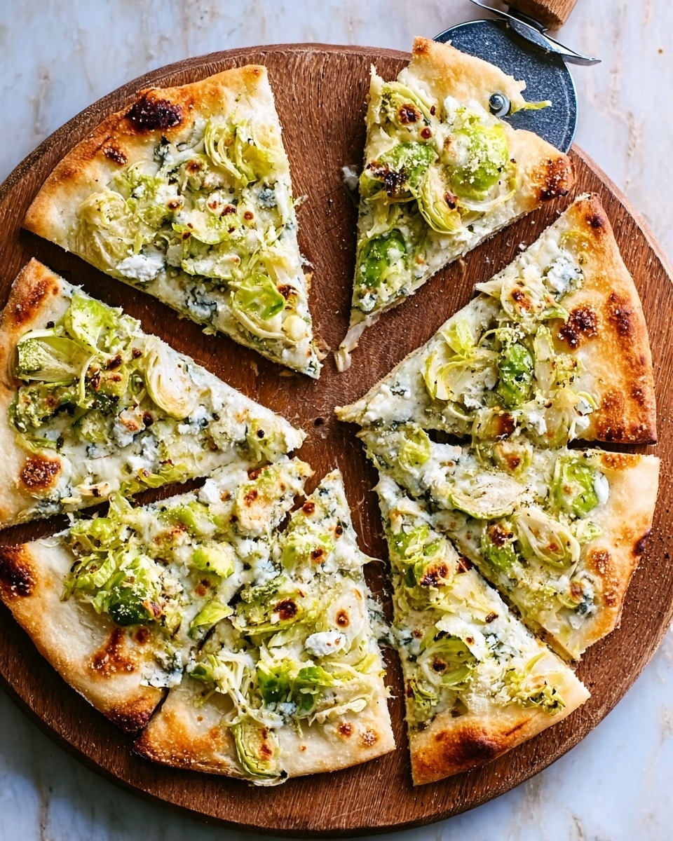 A round pizza is cut into six slices and placed on a wooden board with a pizza cutter next to it. The pizza has a light golden brown crust that is thin and slightly crispy. The first layer is creamy white cheese spread evenly over the crust. The next layer consists of thin, light green slices of Brussels sprouts scattered across the pizza. Small dollops of white cheese are melted in some spots, mixing with the green Brussels sprouts. There are some light brown toasted spots on the melted cheese, showing it baked well. A woman's hand is seen in the upper corner holding a slice of pizza. The background is a white marbled texture. Photo taken with an iphone --ar 4:5 --v 7