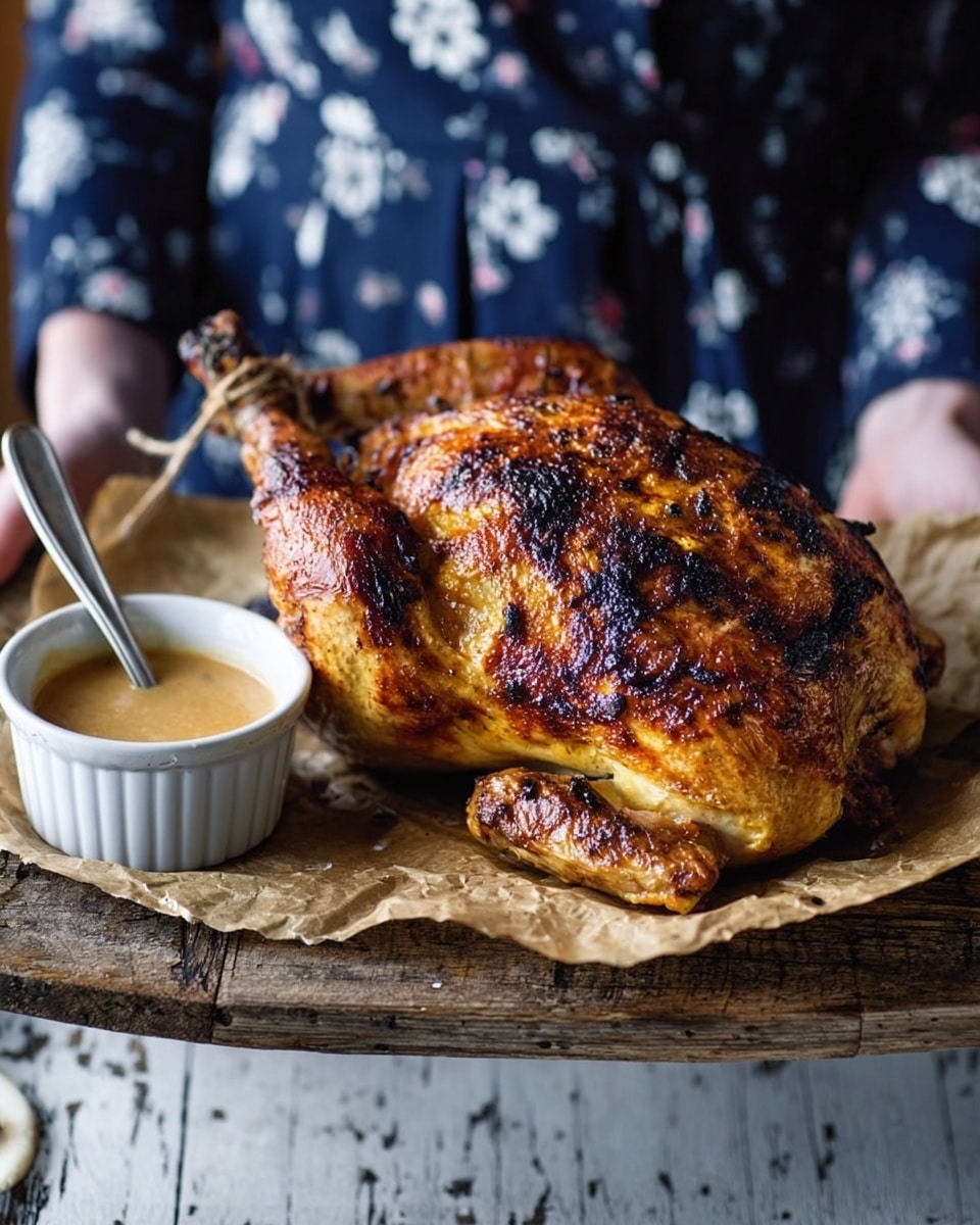 A whole roasted chicken with a golden brown, crispy skin sits on a piece of brown parchment paper on a rustic wooden board. The chicken shows some darker charred spots for extra texture. To its left, a white ramekin filled with smooth, light brown gravy or sauce has a silver spoon resting inside. In the background, a woman's hand can be seen holding the board, dressed in a navy blue outfit with a white floral pattern. The surface beneath has a white marbled texture. photo taken with an iphone --ar 4:5 --v 7