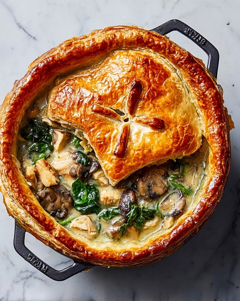 The image shows a round pot pie with a golden brown, shiny crust covering half of it. The crust is flaky and slightly raised with a small cross-shaped vent near the center. The other half reveals the filling, which is creamy with visible pieces of light tan chicken, dark brown sliced mushrooms, and bright green spinach leaves. The pot is black with short handles on each side and sits on a white marbled surface. photo taken with an iphone --ar 4:5 --v 7