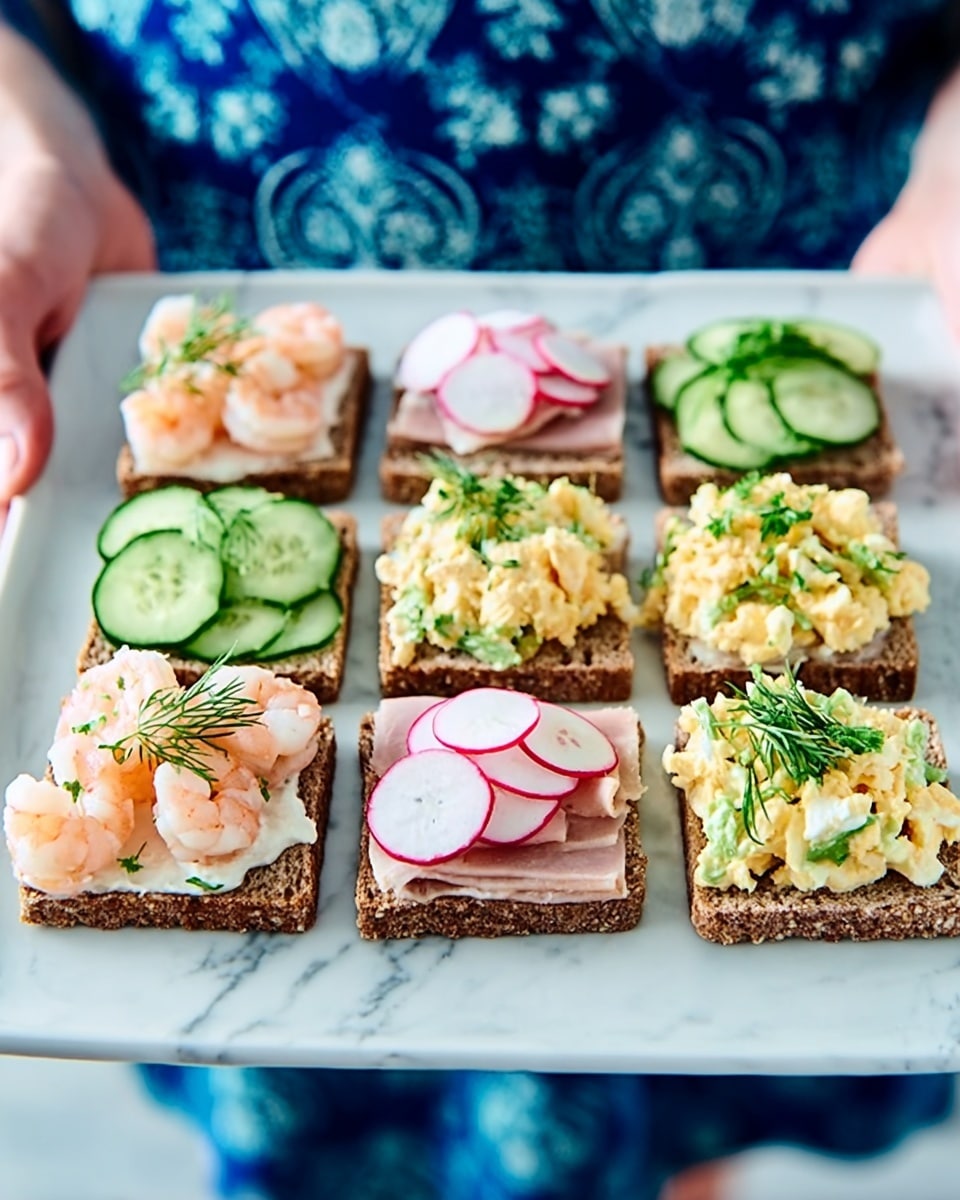 A white square plate holds nine open-faced sandwiches arranged in three rows of three. The first row features sandwiches topped with light pink shrimp on creamy white spread, thin cucumber slices with fresh green dill on a thick white spread, and thin pale pink slices of ham with red and white radish rounds on a white spread. The second row includes a sandwich with thin pale pink ham and radish slices, another with scrambled egg pieces mixed with green herbs on a creamy yellow spread, and a sandwich topped with shrimp on a white spread. The last row displays cucumber slices and dill on white spread, scrambled eggs with green herbs, and pale pink ham and radish slices on white spread. The bread is dark brown with a thick crumb. Two woman's hands hold the plate over a white marbled surface, and the person is dressed in a blue patterned outfit. Photo taken with an iphone --ar 4:5 --v 7