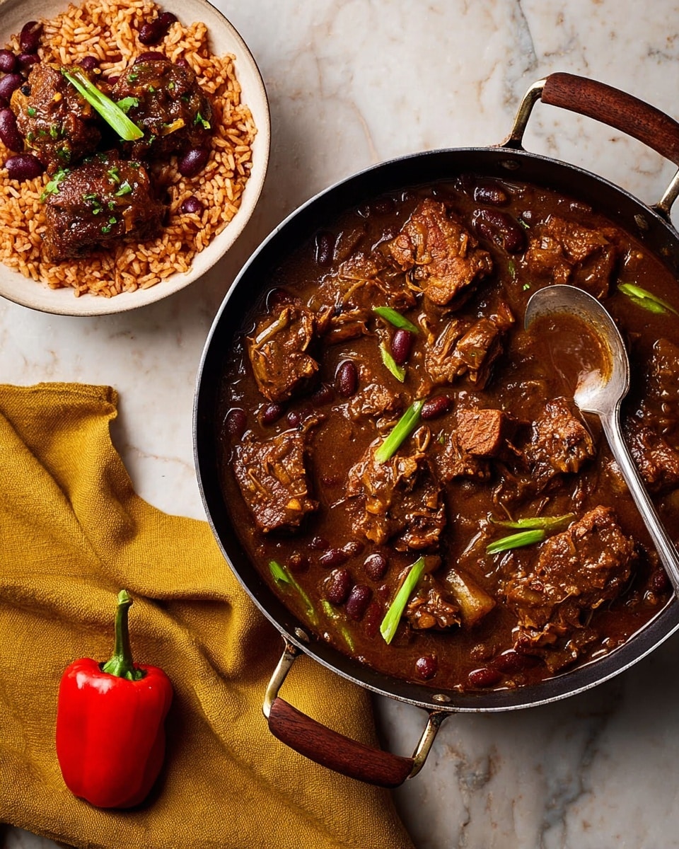 A deep pan filled with dark brown stew containing large chunks of tender meat and scattered whole green scallions, with a bright red pepper resting on the left side of the pan. To the upper left of the pan, a white bowl holds a dish of reddish-brown rice mixed with red kidney beans and topped with three pieces of meat covered in brown sauce and garnished with a green scallion. A metal spoon rests inside the pan, and a mustard-yellow cloth is placed below the pan's left handle, all set against a white marbled surface. Photo taken with an iphone --ar 4:5 --v 7