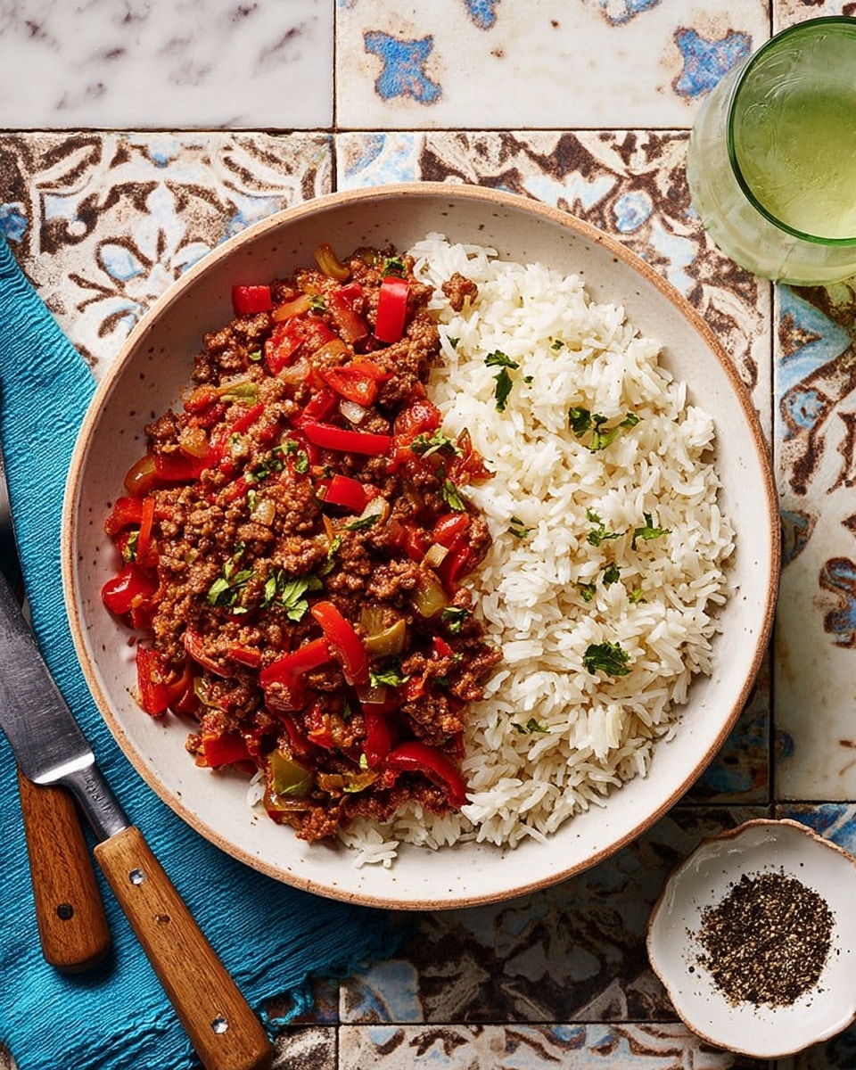 A white bowl filled with a two-layer dish placed on a white marbled surface with patterned tiles. The bottom layer consists of fluffy white rice filling half of the bowl with a few small green herb leaves scattered on it. The top layer, covering the other half, is a mix of cooked ground meat and diced red bell peppers, sautéed with onions and garnished with fresh green herbs. The bowl rests on a folded blue cloth. To the left of the bowl, there is a knife and fork with wooden handles resting on the blue cloth. On the right, there is a small white plate with black pepper and a glass with a light green drink. photo taken with an iphone --ar 4:5 --v 7