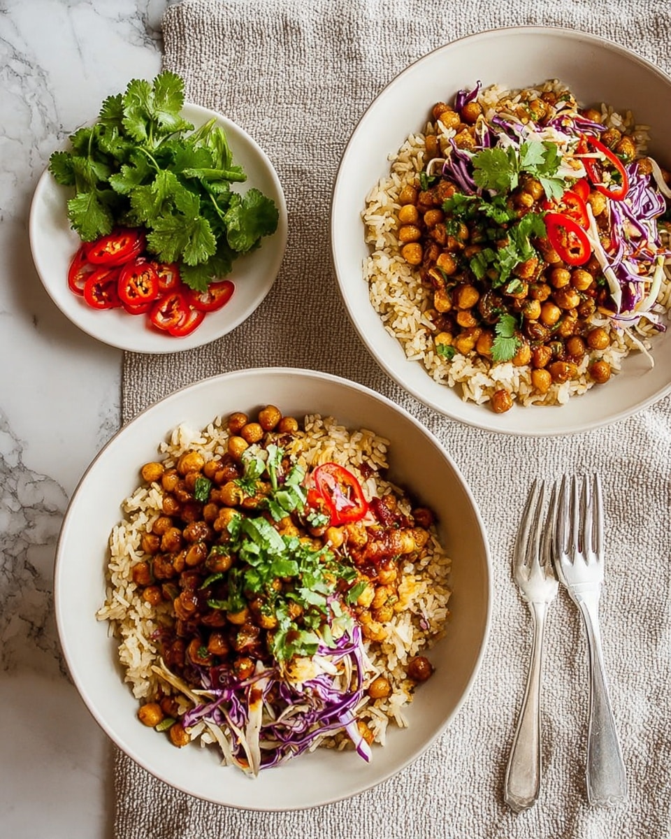 Two white bowls filled with layers of brown rice at the bottom, topped with a mix of golden-brown chickpeas and small crunchy bits. On top of that is a mix of finely chopped fresh green cilantro and slices of bright red chili peppers. There are also some thin purple and white cabbage shreds mixed in with the chickpeas. One side shows a small white plate with fresh green cilantro leaves and a few slices of red chili peppers. Two silver forks lie next to the bowl on the right, all placed on a white marbled textured cloth. photo taken with an iphone --ar 4:5 --v 7