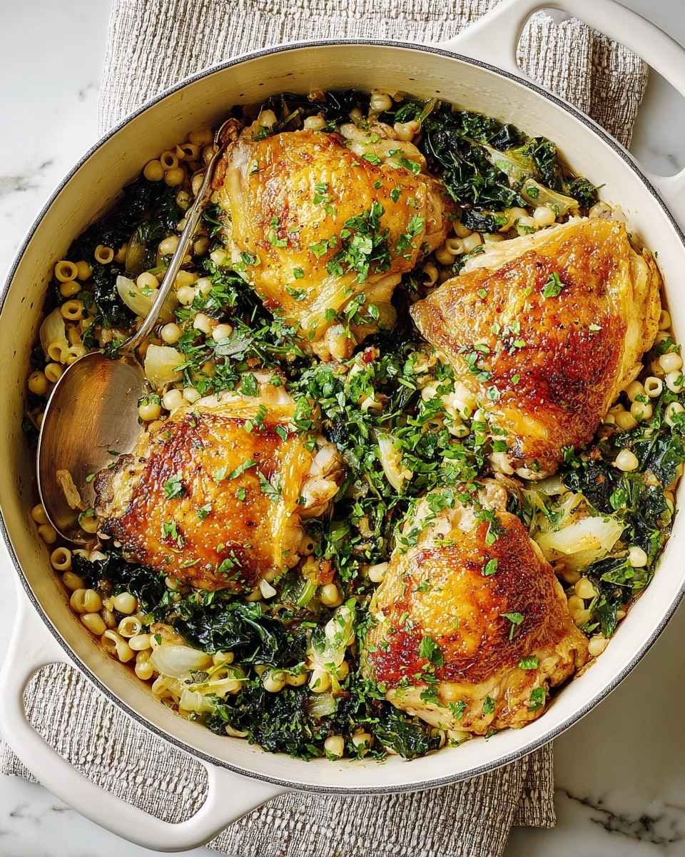 A white cooking pot filled with four pieces of golden-brown cooked chicken thighs sitting on top of a bed of small pearl-like pasta mixed with dark green leafy vegetables and bits of cooked onion, all garnished with bright green chopped herbs scattered over the chicken and pasta. A silver spoon rests inside the pot, partially underneath one chicken piece, and the pot is placed on a cloth on a white marbled surface. photo taken with an iphone --ar 4:5 --v 7