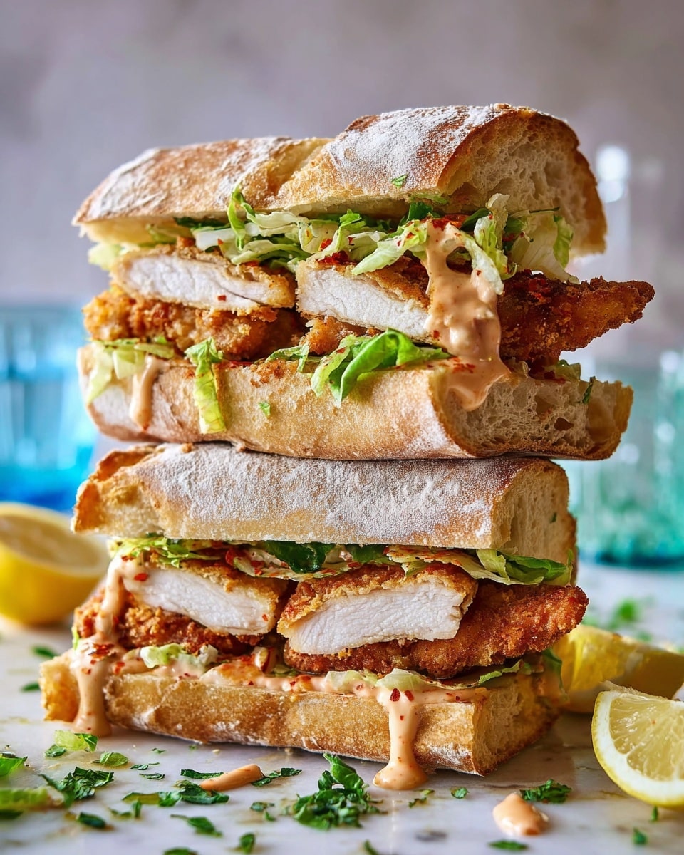 The image shows a tall sandwich stacked with three main layers inside a crusty ciabatta bread that is dusted with flour. The bottom layer has a crispy golden-brown fried chicken filet topped with green leafy lettuce and some creamy sauce with hints of red spices spilling out. The middle layer features sliced fried chicken breast, also with green lettuce and the same creamy, slightly spicy sauce. The sandwich is cut in half and the two halves are stacked on top of each other, with some chopped green herbs sprinkled around. In the background, there is a blue glass and some lemon wedges on a white marbled surface. Photo taken with an iphone --ar 4:5 --v 7