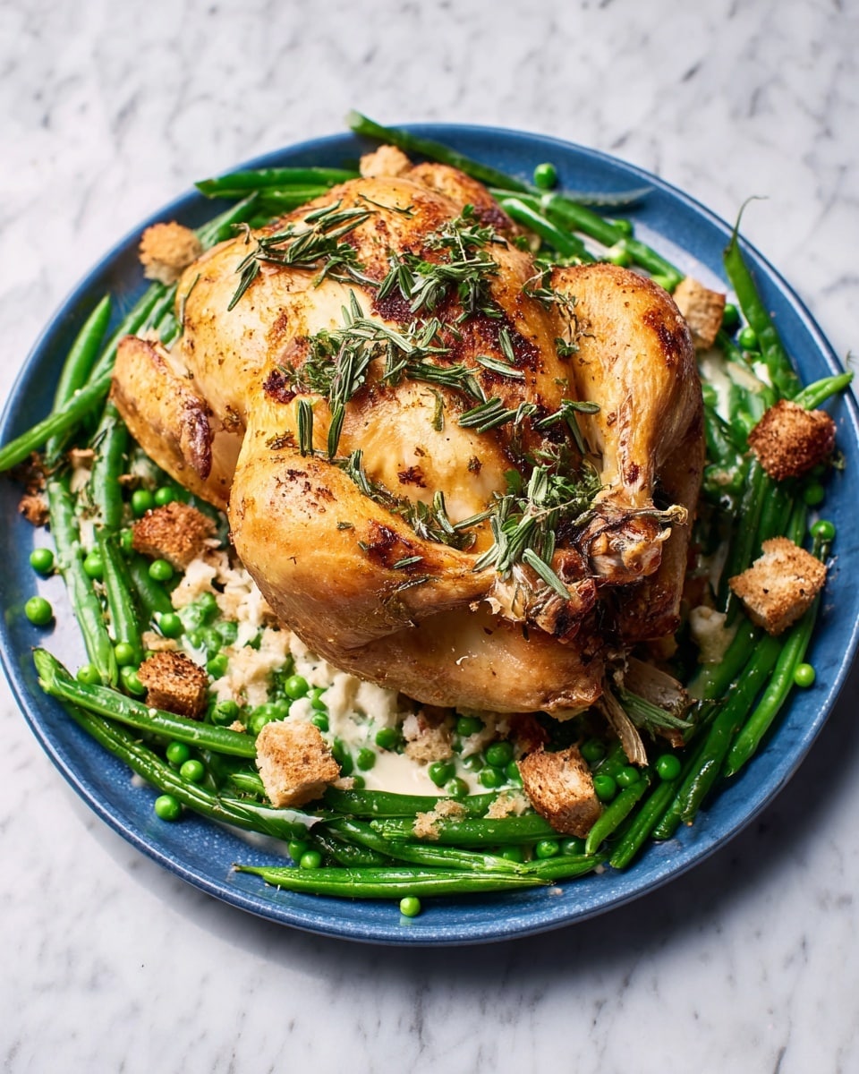 A whole roasted chicken with golden-brown, crispy skin is placed in the center of a white plate. The chicken is topped with small green herb leaves, adding a fresh touch. Around the chicken, there is a circle of bright green vegetables, including asparagus, green beans, and peas, giving a fresh and vibrant look. Scattered white croutons and a light drizzle of white sauce are layered over the greens, adding texture and contrast. The plate sits on a white marbled surface, enhancing the colors of the food. Photo taken with an iphone --ar 4:5 --v 7