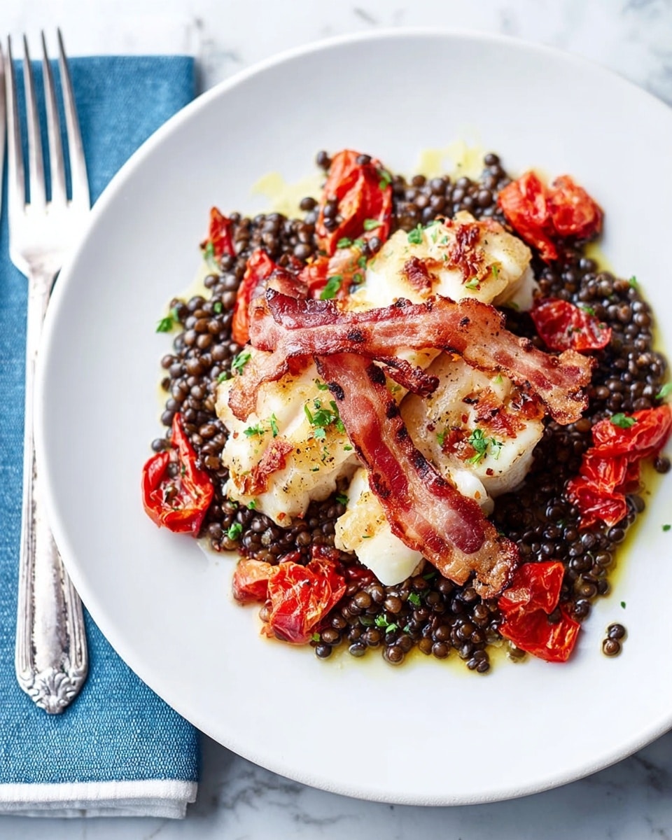 The dish is presented on a white plate placed on a white marbled surface with a blue cloth napkin nearby. The base layer consists of small, dark brown lentils spread across the plate. On top of the lentils are scattered bright red roasted tomato pieces with slightly wrinkled skin. Centered on the lentils and tomatoes are three pieces of grilled white fish fillets with a golden-brown char on the edges, covered lightly with a glossy dark red sauce. To the right side of the plate, there is a silver fork resting on a white napkin. The photo was taken with an iphone --ar 4:5 --v 7