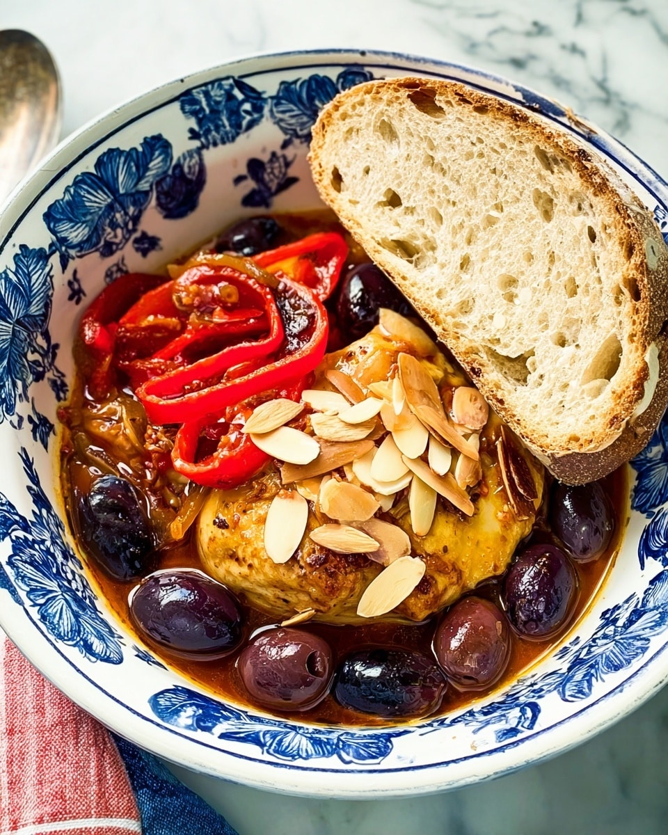 A white bowl with blue flower patterns holds a colorful dish arranged in separate visible layers. The bottom layer is a reddish-brown sauce, partly covered by dark, shiny black olives scattered mostly on one side. Large red roasted pepper pieces and light brown onion slices rest on top of the sauce and olives. A golden-brown cooked piece of chicken lies on one side of the bowl, topped with thin, toasted almond slices spread over the chicken and some peppers. A thick slice of crusty, light brown bread with a porous texture leans against the chicken on the right edge of the bowl. The bowl sits on a white marbled surface with a part of a red and blue striped cloth visible nearby. photo taken with an iphone --ar 4:5 --v 7