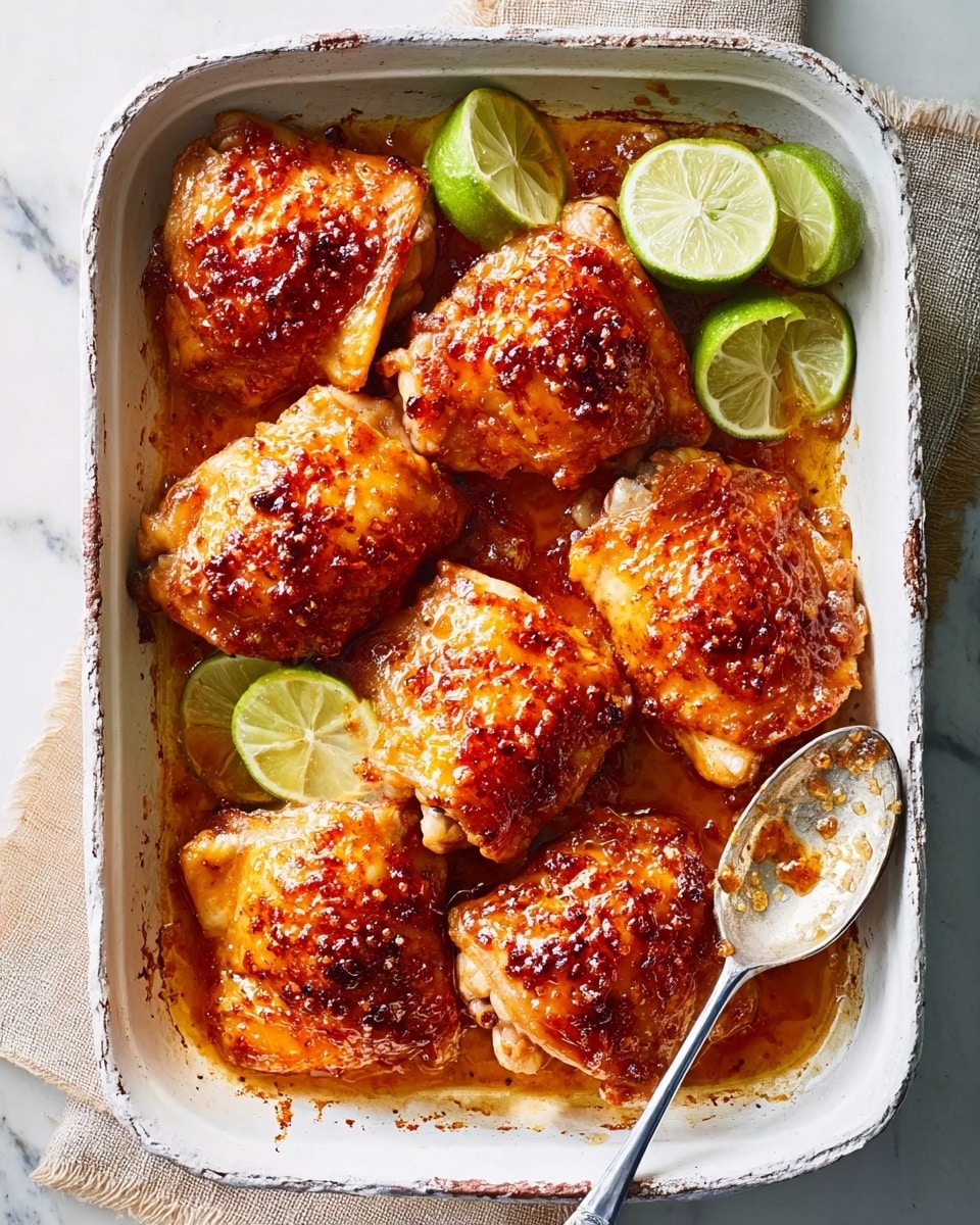 Seven pieces of cooked chicken thighs with a golden brown and slightly crispy skin are arranged closely on a white rectangular baking dish, showing some charred edges around the chicken where the sauce has caramelized. On one side, there are four lime wedges in light green shades placed against the chicken. A silver spoon rests inside the dish, slightly shiny with some sauce on it. The baking dish sits on a white marbled surface with a beige cloth partially visible under one corner. Photo taken with an iphone --ar 4:5 --v 7