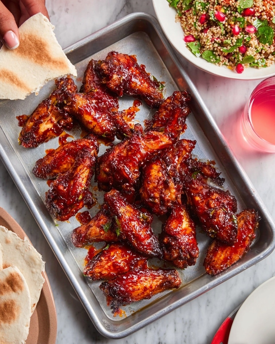 The image shows a metal baking tray filled with about a dozen crispy chicken wings covered in a sticky, dark red barbecue sauce with some caramelized spots. The wings are placed close together, creating a textured, shiny layer that stands out against the light-colored tray. On the left side, a woman's hand is partially holding a white plate with some flatbread resting on it. In the top left corner, there is a white bowl with a fresh salad consisting of green cucumber, red pomegranate seeds, and grains, adding a mix of textures and colors. A white marbled surface underneath completes the setup, with a clear glass of pink drink placed on the bottom right corner. Photo taken with an iphone --ar 4:5 --v 7