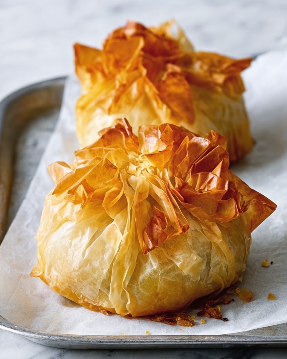 The image shows two golden-brown baked parcels made from thin, crispy phyllo dough. Each parcel has several layers of flaky, crinkled, and slightly browned dough folded upward in a loose, uneven bunch at the top, creating a textured, ruffled appearance. The parcels sit on a white parchment paper-lined metal tray, and their colors range from light yellow to deep golden brown with some darker edges, emphasizing the crispiness. The background surface is a white marbled texture. Photo taken with an iphone --ar 4:5 --v 7