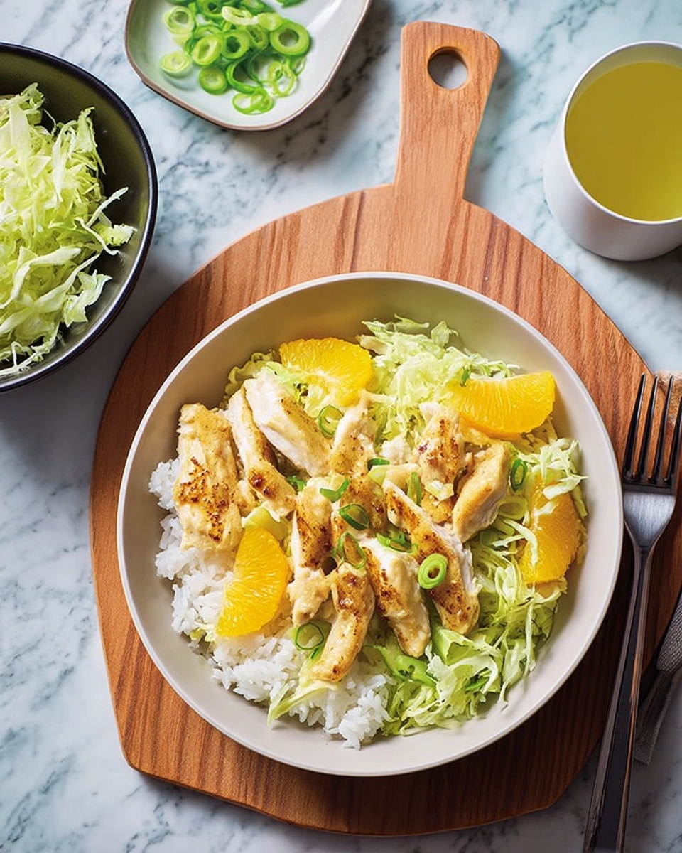 A bowl with a base layer of white rice topped with shredded light green lettuce, then golden fried chicken strips arranged on top with bright orange slices and thin green onion rings scattered over the dish. The bowl is placed on a wooden board, next to a small white bowl with extra green onion slices and another white bowl filled with shredded lettuce. A white jug with yellow sauce and a fork with chopsticks are beside the board on a white marbled surface. photo taken with an iphone --ar 4:5 --v 7