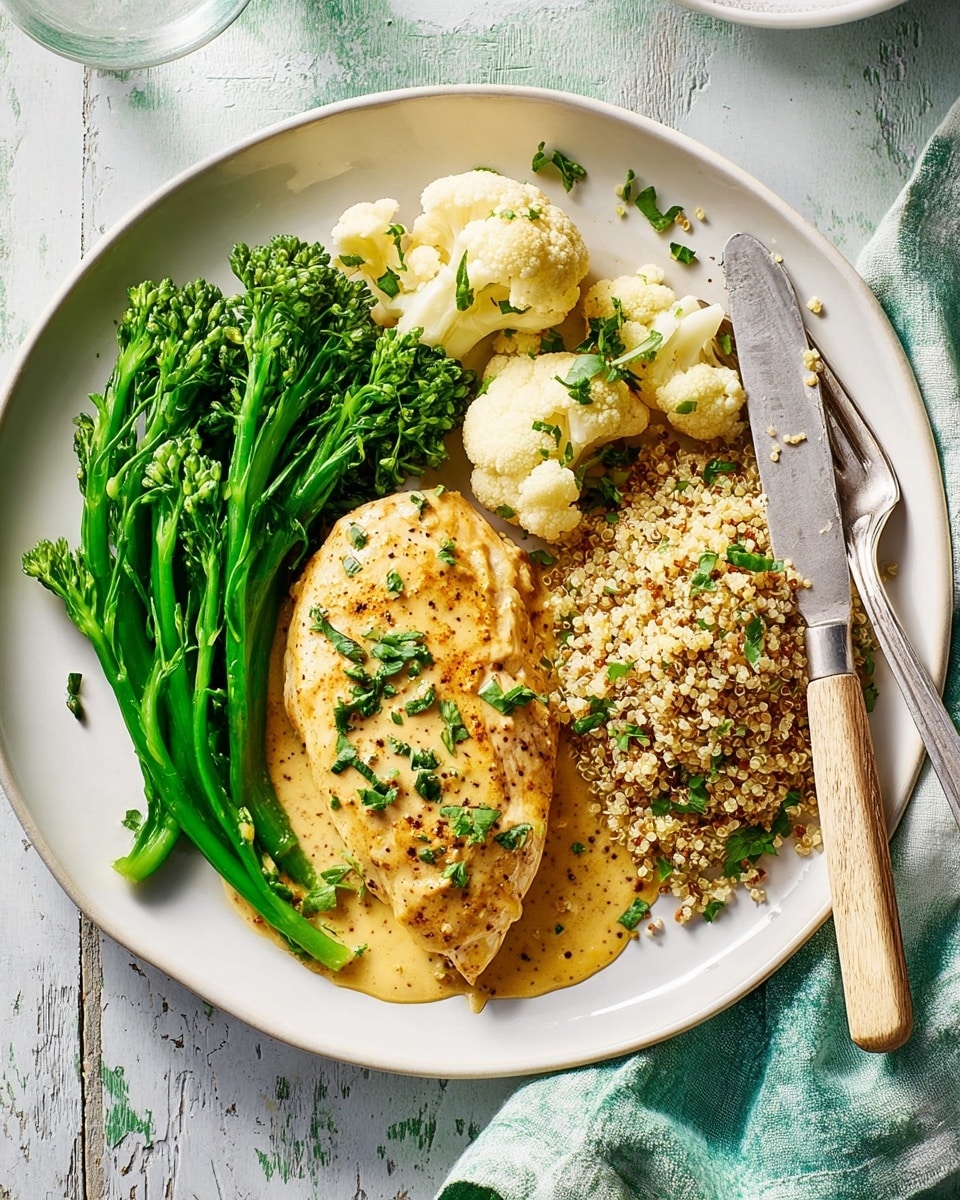 A white round plate holds a meal arranged in three main parts: on the left, bright green broccolini and light cream cauliflower florets with visible black pepper flakes on top; in the middle, a crispy golden brown chicken breast sitting on a light yellow creamy sauce with small onion pieces; on the right, a pile of fluffy light brown quinoa speckled with small green bits from herbs; a silver fork and a knife with a wooden handle rest on the right side of the plate, all placed on a white marbled surface with a soft blue cloth nearby. photo taken with an iphone --ar 4:5 --v 7