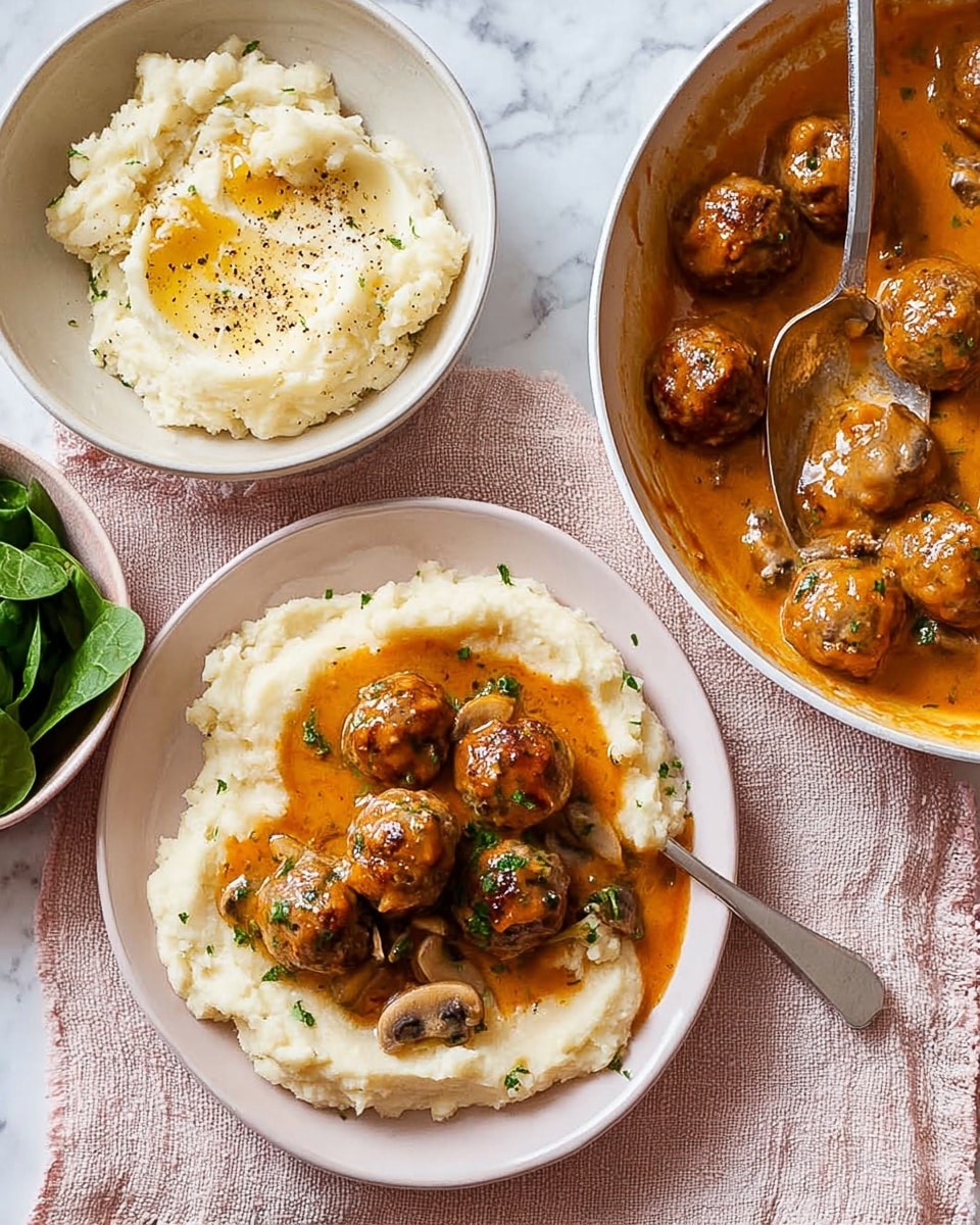 The image shows a white bowl with two layers: at the bottom, a creamy mashed potato layer in off-white with a smooth texture, and on top, three round meatballs in a rich, reddish-brown sauce with visible mushroom slices and green herb bits scattered for garnish. Next to it is a white frying pan filled with more meatballs covered in the same thick sauce, with a metal spoon resting inside. Above, there is a white bowl with fluffy mashed potatoes topped with small butter pieces and a sprinkle of black pepper, and another white bowl holding bright green cooked spinach leaves. All items are set on a white marbled surface with a pale pink cloth underneath. photo taken with an iphone --ar 4:5 --v 7