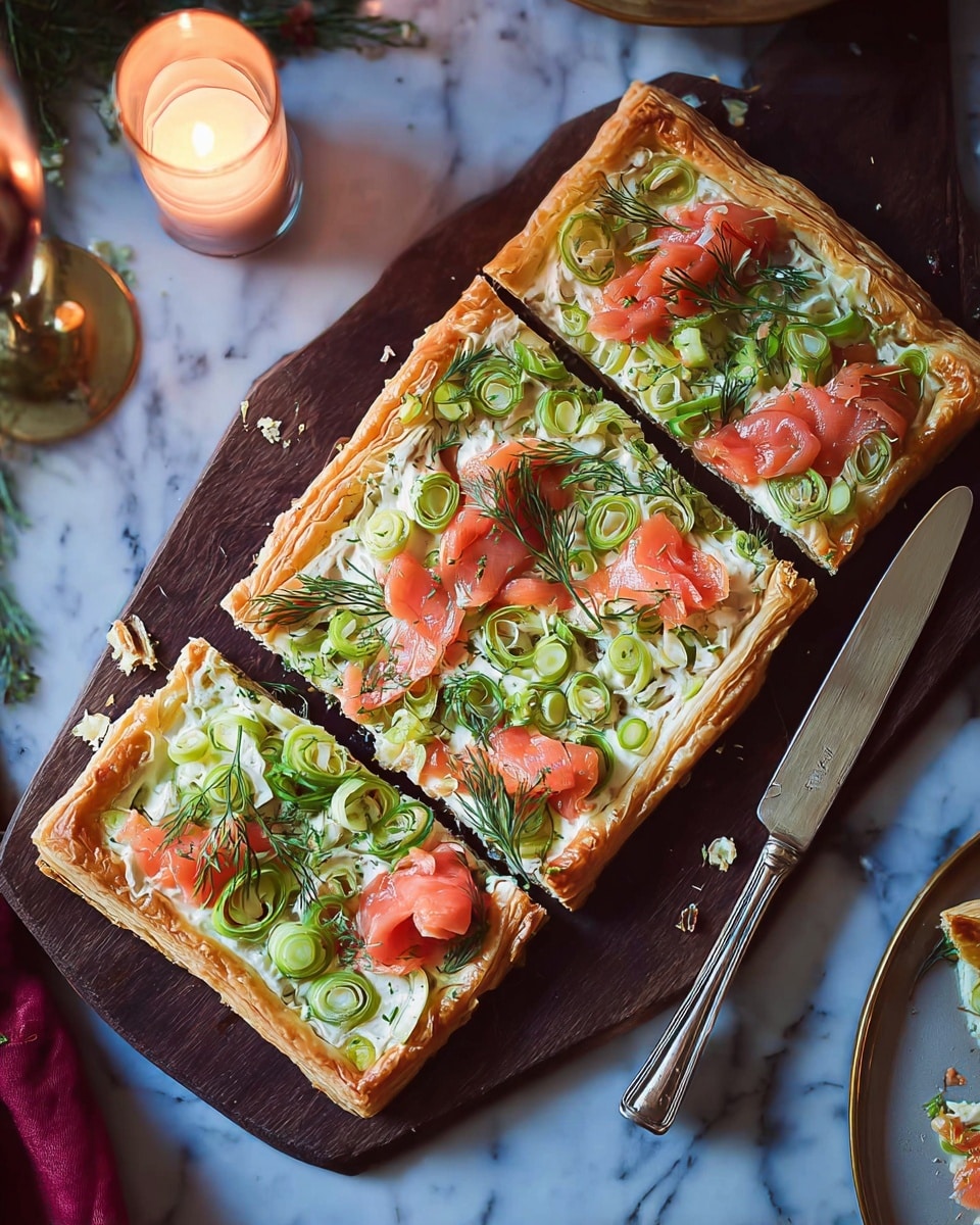 A rectangular puff pastry tart with visible golden brown, flaky, and slightly raised edges, topped with thin slices of pink smoked salmon scattered evenly, and bright green rings and pieces of leek covering the creamy white cheese layer beneath. Fresh dill sprigs are spread on top, adding a touch of dark green color, with black pepper sprinkled lightly over the whole tart. Two pieces have been cut and slightly moved apart on a wooden board, with a silver knife resting on the tart. The background is a white marbled surface with warm candlelight and small decorative items placed around. Photo taken with an iphone --ar 4:5 --v 7