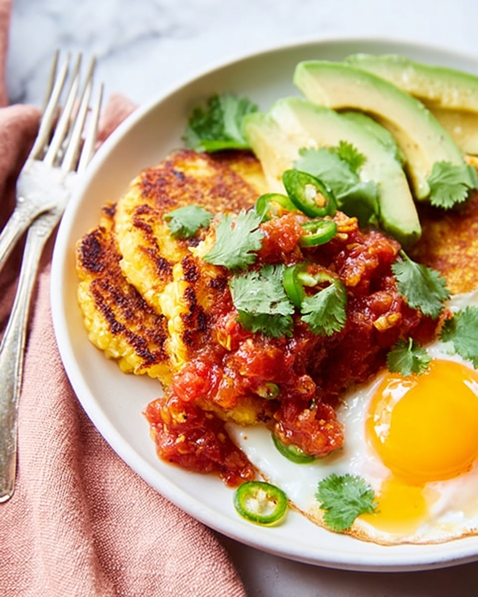 The image shows a white plate with three grilled corn cakes stacked on the left side, each cake caramelized with a golden-brown and slightly charred texture. On the right side, there are slices of fresh green avocado arranged next to a sunny-side-up egg with a bright yellow yolk. Overlapping the corn cakes and egg is a chunky red salsa with visible tomato pieces, topped with fresh green cilantro leaves and slices of green jalapeño peppers. The plate sits on a white marbled surface with a soft pink cloth and silver cutlery next to it. Photo taken with an iphone --ar 4:5 --v 7