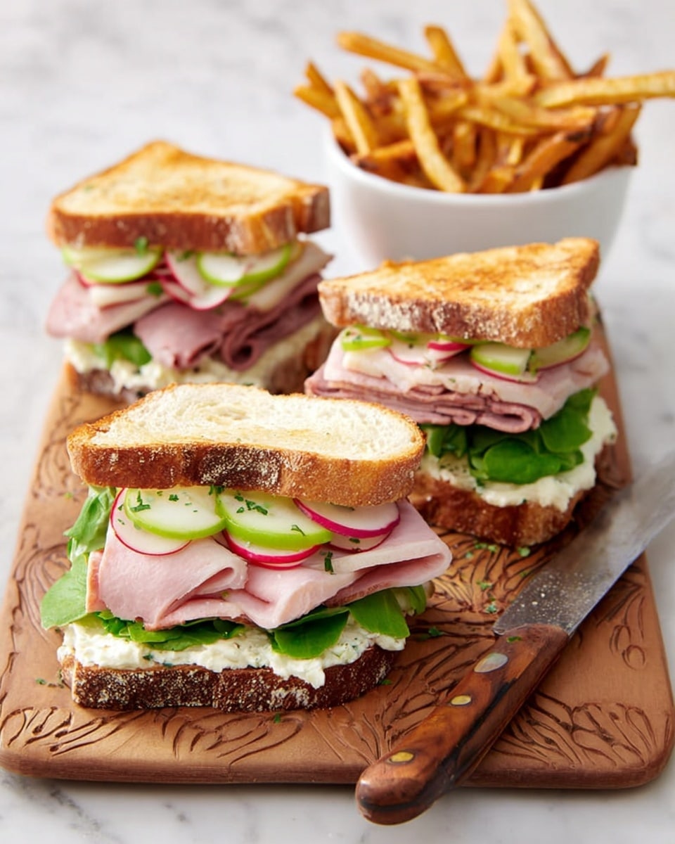 The image shows three sandwich quarters stacked on a carved wooden board, each sandwich made with two thick slices of toasted rustic white bread. Inside each sandwich, the bottom layer has green lettuce leaves and slices of radish with a smooth texture, followed by a layer of creamy spread and slices of pink deli meat stacked neatly. The top layer is another slice of bread slightly toasted with a golden crust. Beside the sandwiches, there is a white bowl filled with golden-brown French fries that look crispy. A knife with a wooden handle rests next to the sandwiches on the board. The background is a white marbled texture. Photo taken with an iphone --ar 4:5 --v 7