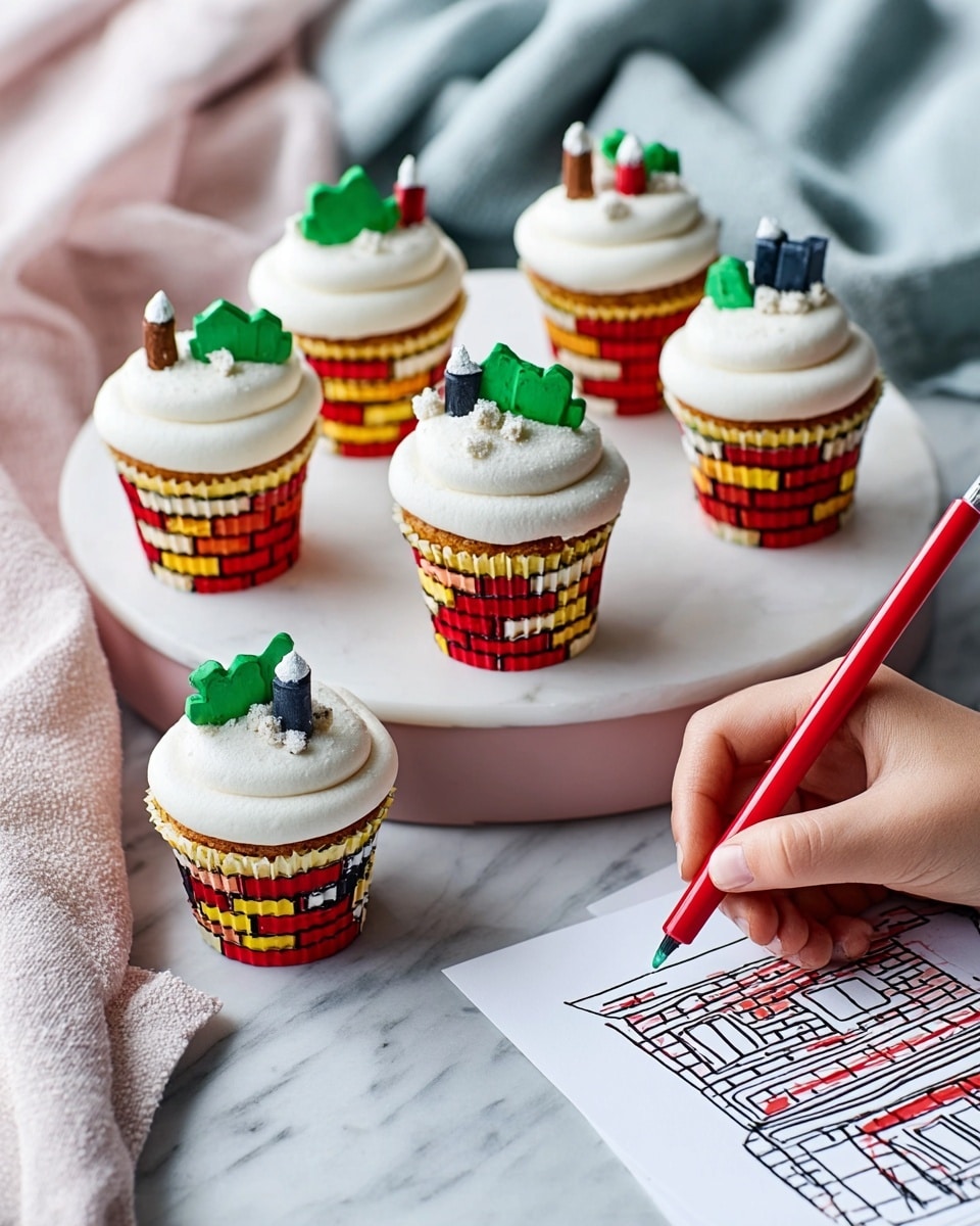 The image shows six cupcakes decorated to look like chimneys, placed on a white round tray and a white plate with a pinkish tone. Each cupcake is wrapped in a colorful paper designed with brick patterns in red, yellow, and orange colors. On top of each cupcake is a thick layer of white frosting that looks fluffy and puffy. Sticking out of the frosting are small shapes in green and black that look like leaves and chimney tops made from fondant or icing. A woman's hand is placing one green leaf on top of a cupcake, and another woman's hand is holding a red pen, coloring a brick pattern on a white sheet of paper on a white marbled surface. There is a soft fabric draped in the background. Photo taken with an iphone --ar 4:5 --v 7