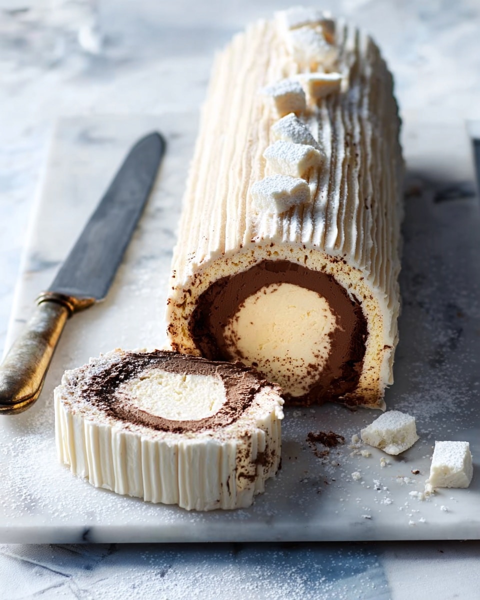 A long, cylindrical chocolate cake sits on an ornate metal tray with a white marble background underneath. The cake has three layers: the outermost layer is white cream piped with vertical ridges and sprinkled with a light dusting of brown powder on top; inside this is a thick, dark chocolate cake layer forming a ring; the innermost center layer is creamy and light beige, smoothly rounded. A slice is cut from one end, showing all three layers clearly, and a black-handled knife with a silver blade lies next to the cake on the tray. photo taken with an iphone --ar 4:5 --v 7