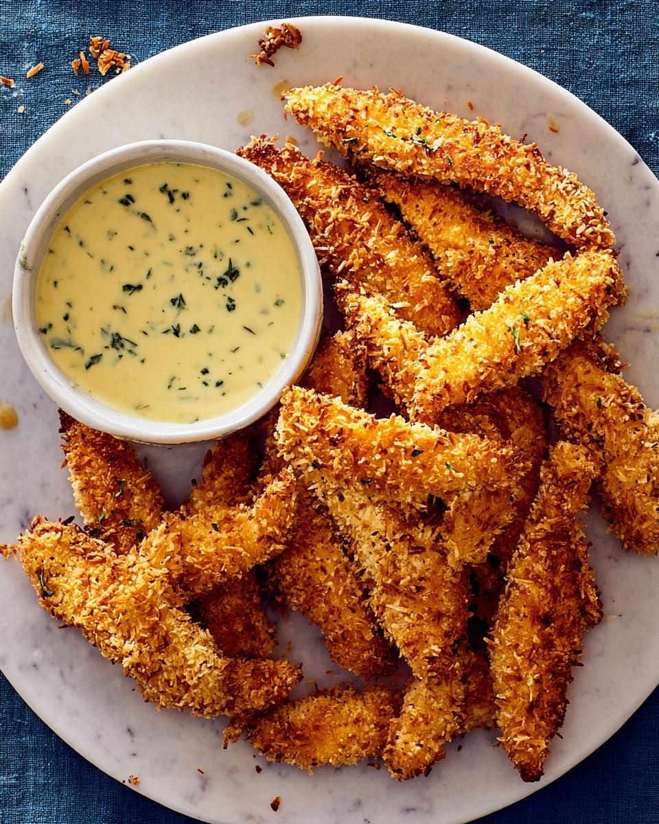 A round plate filled with a pile of golden brown, crispy coconut-crusted chicken strips arranged in a slightly overlapping manner. On the left side of the plate, a small white bowl contains a creamy, light yellow dipping sauce with small green herb flecks. The plate sits on a white marbled texture surface, and a few crumbs are scattered near the edges of the plate. The chicken strips have a rough, crunchy texture with toasted coconut flakes visible. Photo taken with an iphone --ar 4:5 --v 7