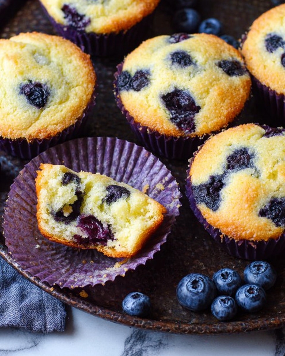 The image shows several golden brown blueberry muffins with a slightly crispy top, dotted with dark purple blueberries inside and on top. They are baked in white paper muffin cups that have a fluted edge, some of which have been peeled back to show the soft, moist texture inside, with juicy blueberries spread evenly throughout the light yellow cake. The muffins rest on a dark baking tray with a few fresh blueberries scattered around. The background surface is a white marbled texture. photo taken with an iphone --ar 4:5 --v 7