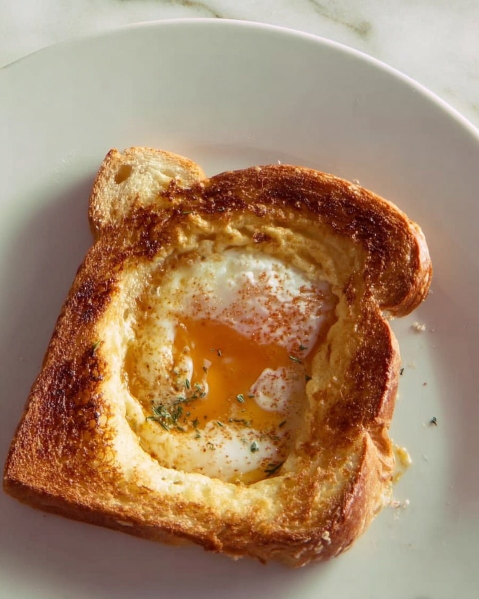 A white plate holds one thick piece of toast with a fried egg cooked inside a hollowed-out section in the middle. The toast is golden brown with some darker toasted edges and a slightly uneven surface. The fried egg has a white cooked part with a small visible area of golden-yellow yolk that looks a bit spread out and textured. The egg sits flat inside the toast, showing both the toast’s texture and the egg's slightly crispy edges. The plate rests on a white marbled surface. photo taken with an iphone --ar 4:5 --v 7