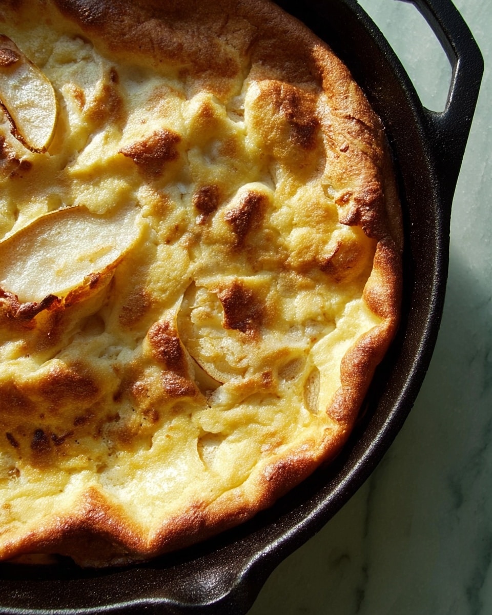 In a black cast iron skillet, a fluffy, golden-brown pancake rises with uneven, bubbled texture on top, some areas puffed up more than others. There are thin slices of light brown apple peeking through the batter in different spots, slightly soft and curved. The skillet sits on a white marbled surface giving a clean contrast to the warm colors of the dish; the pancake edges are crispier and darker brown while the center remains soft and pale yellow. photo taken with an iphone --ar 4:5 --v 7