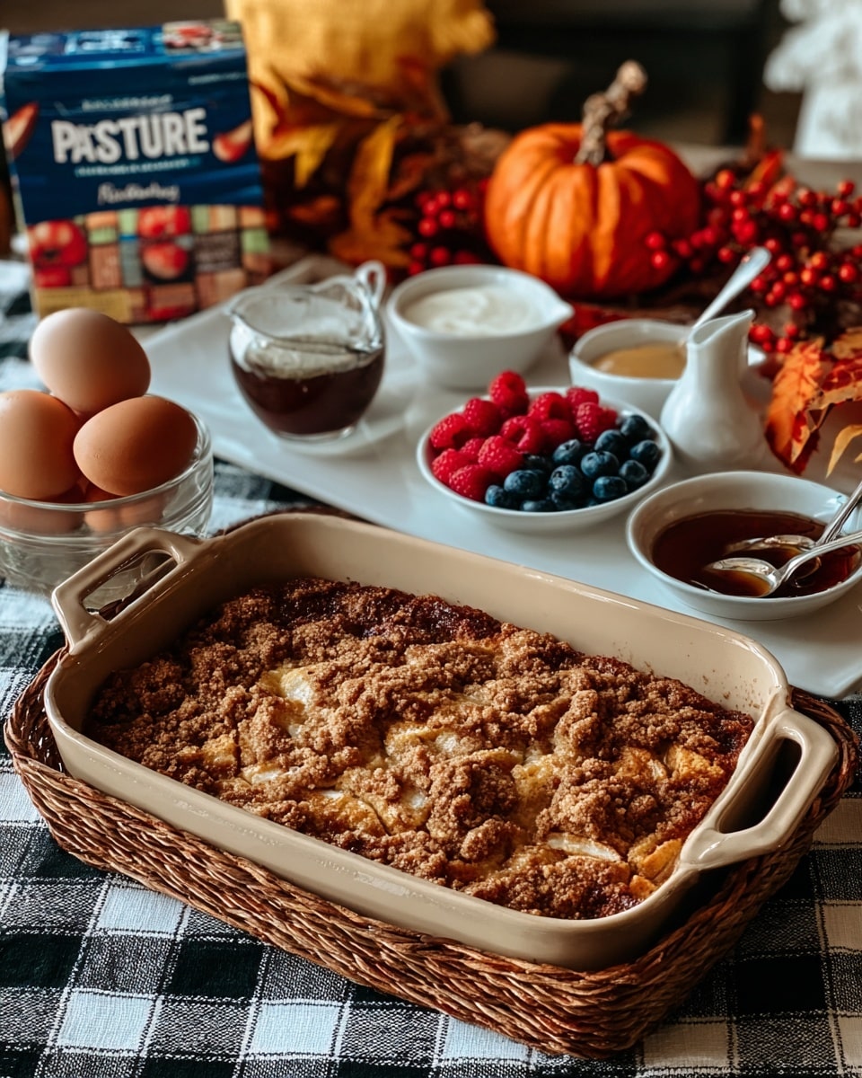 A beige ceramic baking dish filled with a thick, golden-brown apple cobbler topped with a crumbly, textured cinnamon streusel, sits inside a wicker basket with handles on a black and white checked tablecloth with a white marbled texture. Behind it, there is a white rectangular tray holding three small white square bowls: one with smooth white cream and a spoon, one with dark amber syrup and a spoon, and one filled with a colorful mix of fresh red raspberries, blue blueberries, and sliced red strawberries with another spoon. To the left, several brown eggs rest in a white bowl with a colorful square pattern, and a small white jug with dark syrup sits nearby. In the background, autumn decorations including orange mini pumpkins, red berries, dried leaves, and a yellow dish towel add warm colors. A blue carton of pasture-raised eggs is placed near the upper left corner photo taken with an iphone --ar 4:5 --v 7